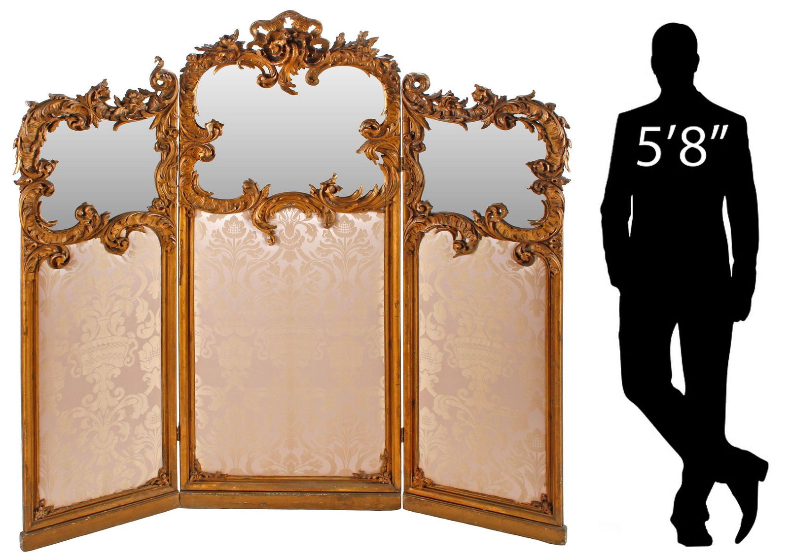 FRENCH REGENCY STYLE MIRRORED & DAMASK-UPHOLSTERED 3-PANEL SCREEN, 70"H: French Regency style parcel-gilt carved wood three-panel screen, 19th c., having pierced rocaille crest and three shaped mirror plates, above padded panels in fine silk damask upholstery, center panel
