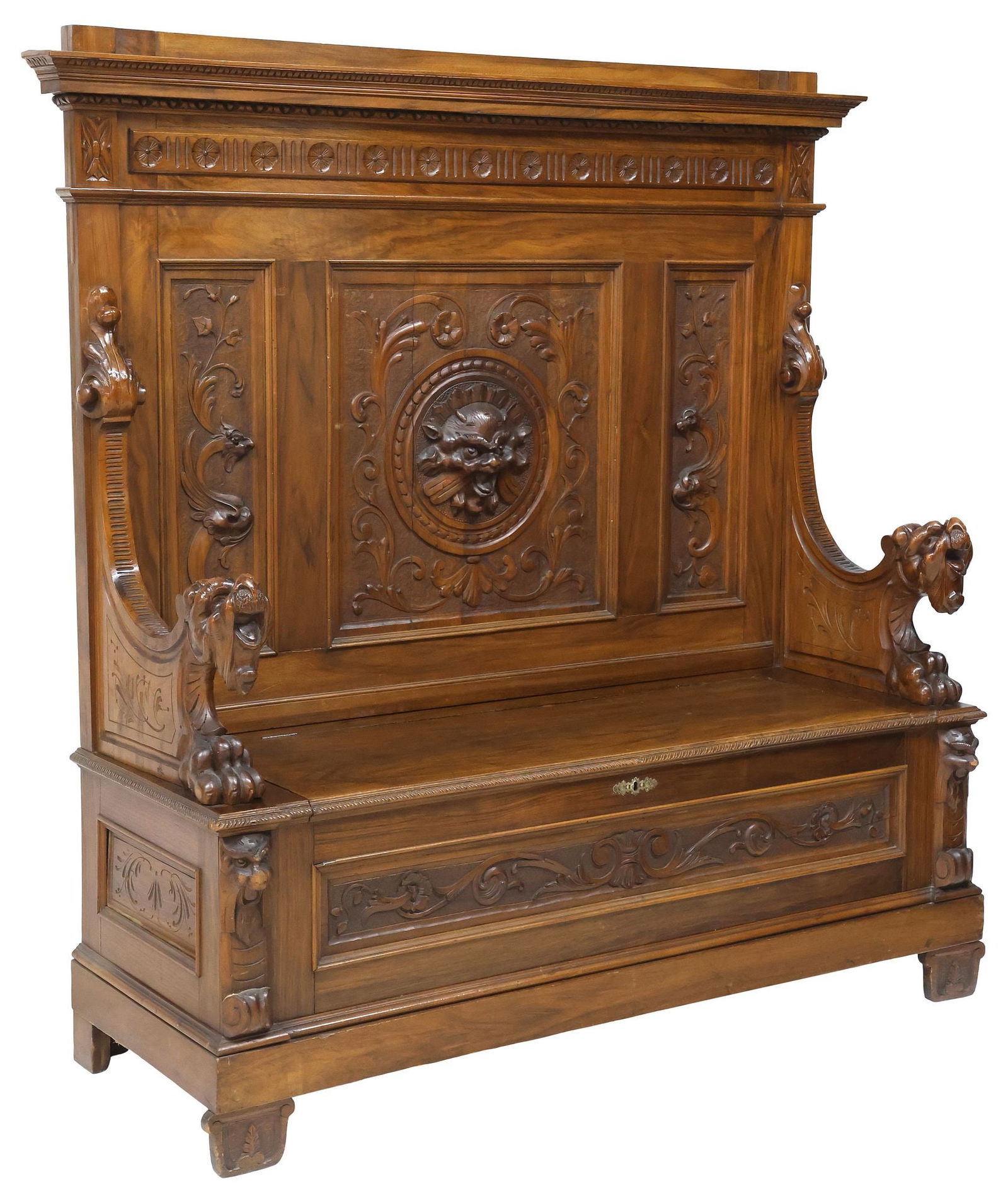 ITALIAN RENAISSANCE REVIVAL CARVED WALNUT HALL BENCH (1 of 6)