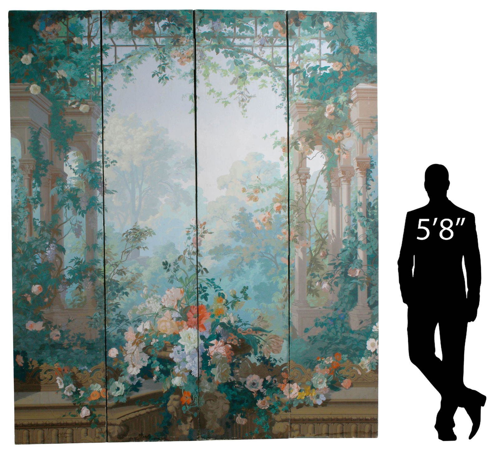 EDOUARD MULLER STYLE PAPIER PEINTE 4-PANEL FLOOR SCREEN, 118.5"H (1 of 5)