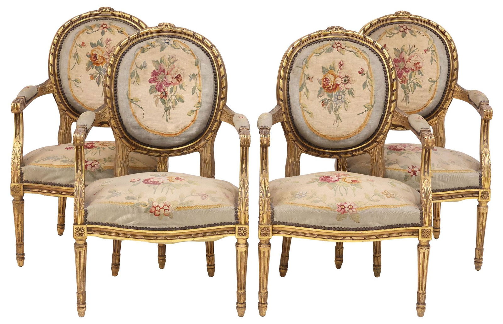 (4) FRENCH LOUIS XVI STYLE GILTWOOD UPHOLSTERED FAUTEUILS / ARMCHAIRS (1 of 3)