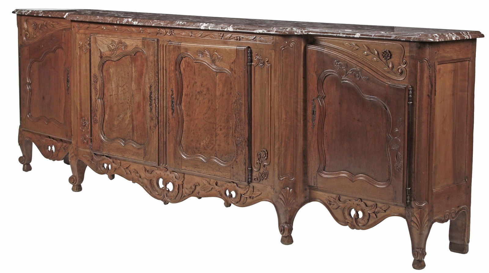 FRENCH LOUIS XV STYLE MARBLE-TOP WALNUT BREAKFRONT SIDEBOARD, 130"L (1 of 8)
