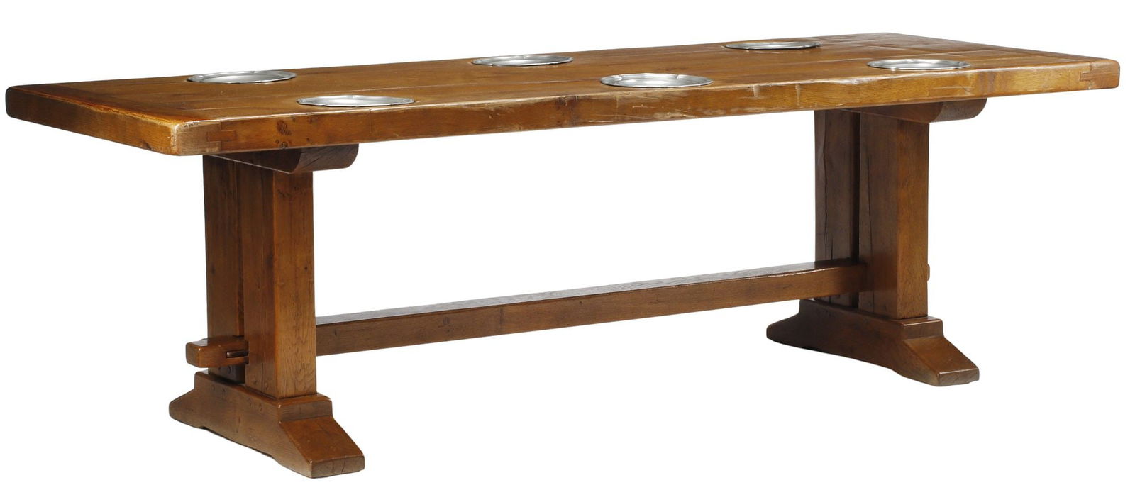 FRENCH PROVINCIAL FARMHOUSE TABLE W/ INSET PEWTER PLATES, 94.5"L: French Provincial oak farmhouse table, 19th c., rectangular plank top inset with (six) removable pewter plates, stamped Wilhelm Schatz verso, raised on dual pedestal supports, joined by mortise and te