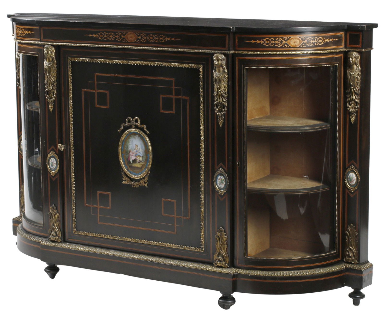 VICTORIAN PORCELAIN & ORMOLU-MOUNTED MARQUETRY CREDENZA CABINET (1 of 8)