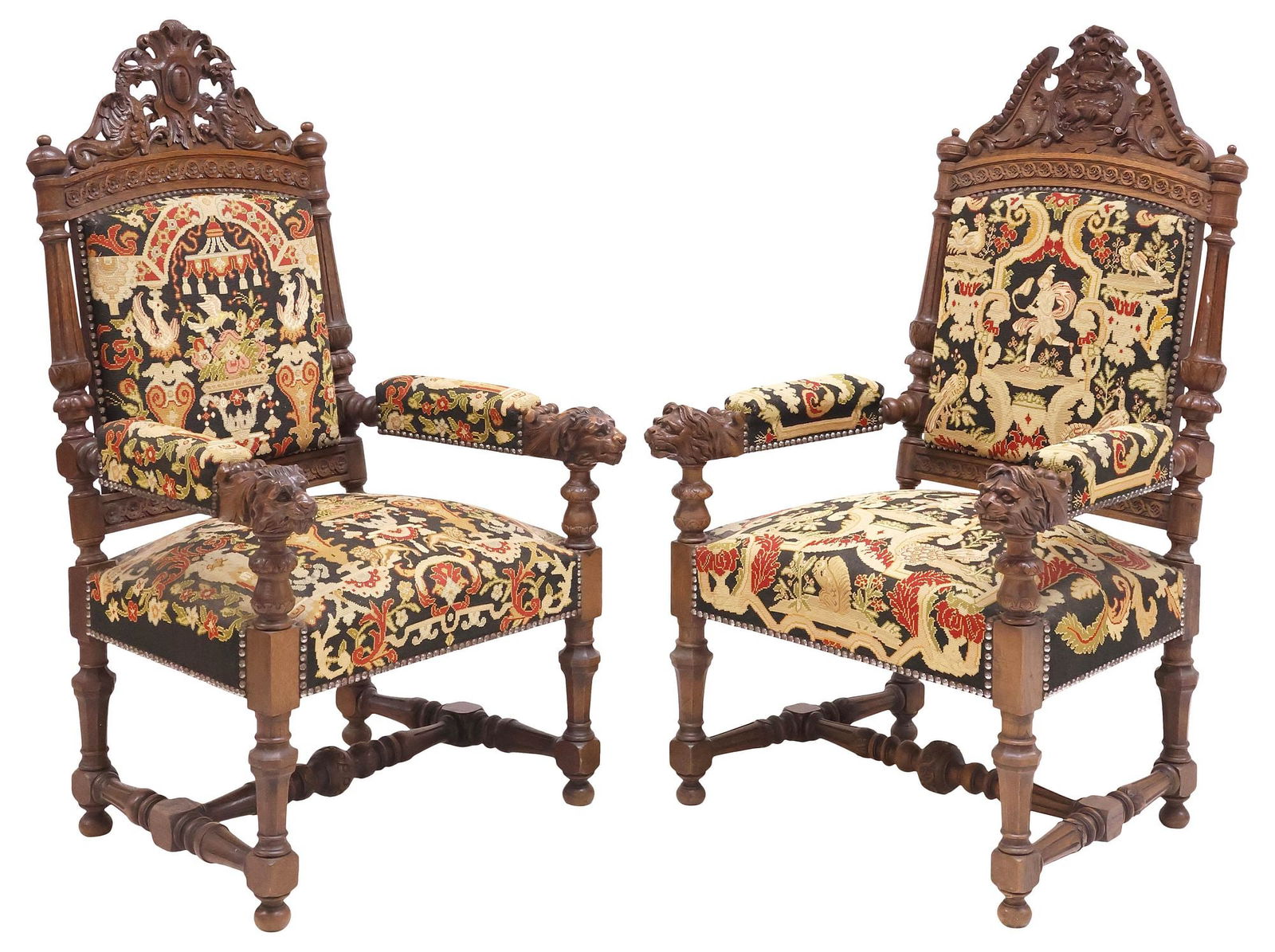 (2) FRENCH RENAISSANCE REVIVAL CARVED OAK UPHOLSTERED ARMCHAIRS (1 of 7)