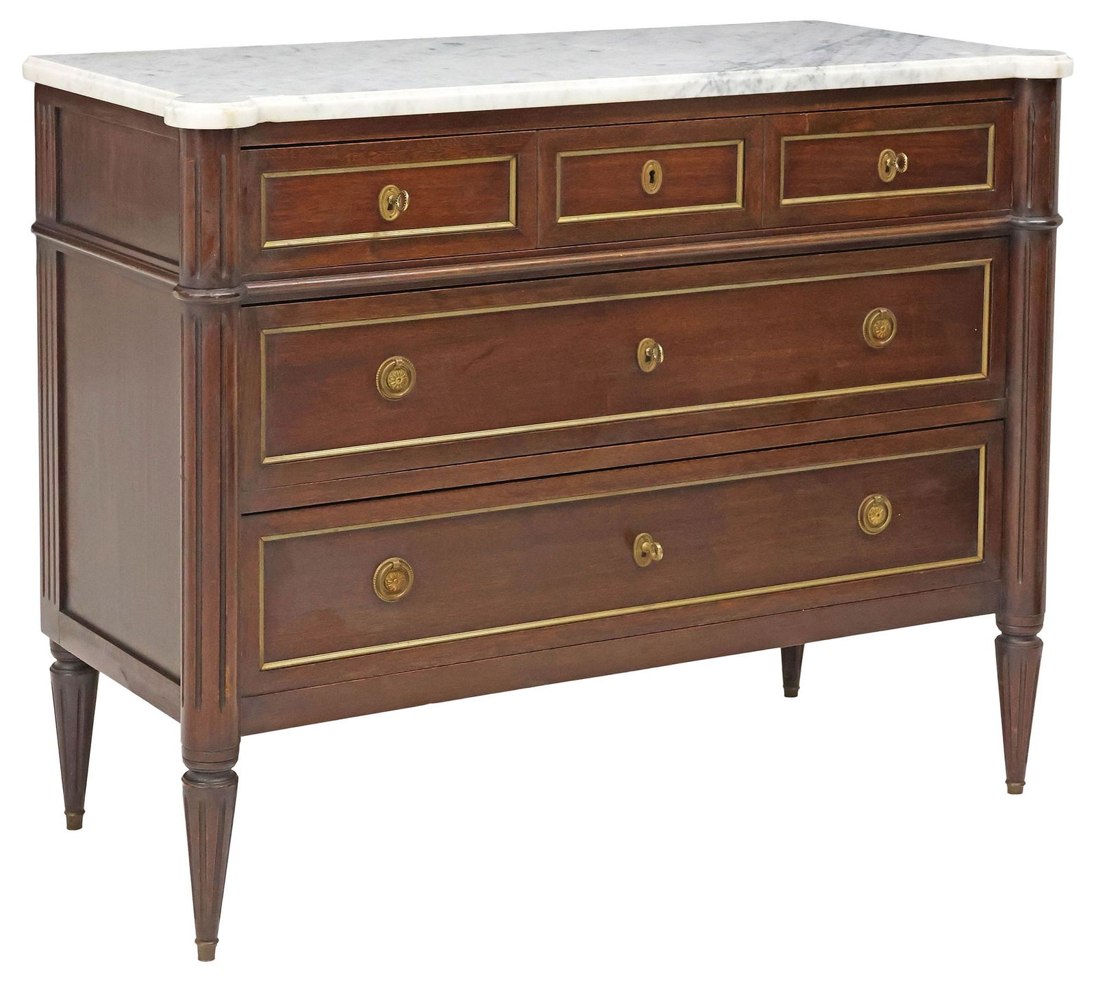 FRENCH LOUIS XVI STYLE MARBLE-TOP MAHOGANY 3-DRAWER COMMODE (1 of 5)