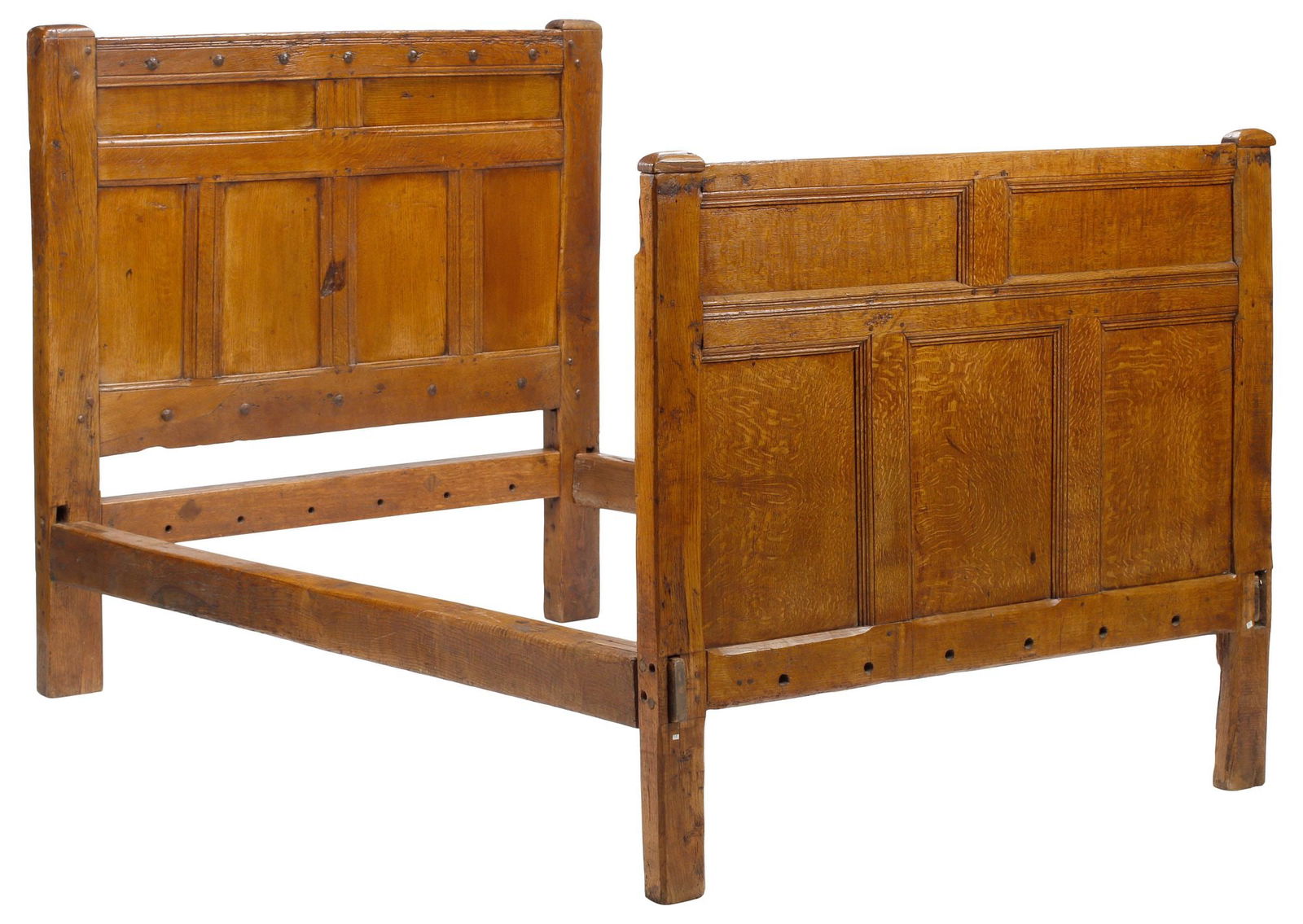 CONTINENTAL PANELED & RIVETED OAK BED, 18TH C. (1 of 5)