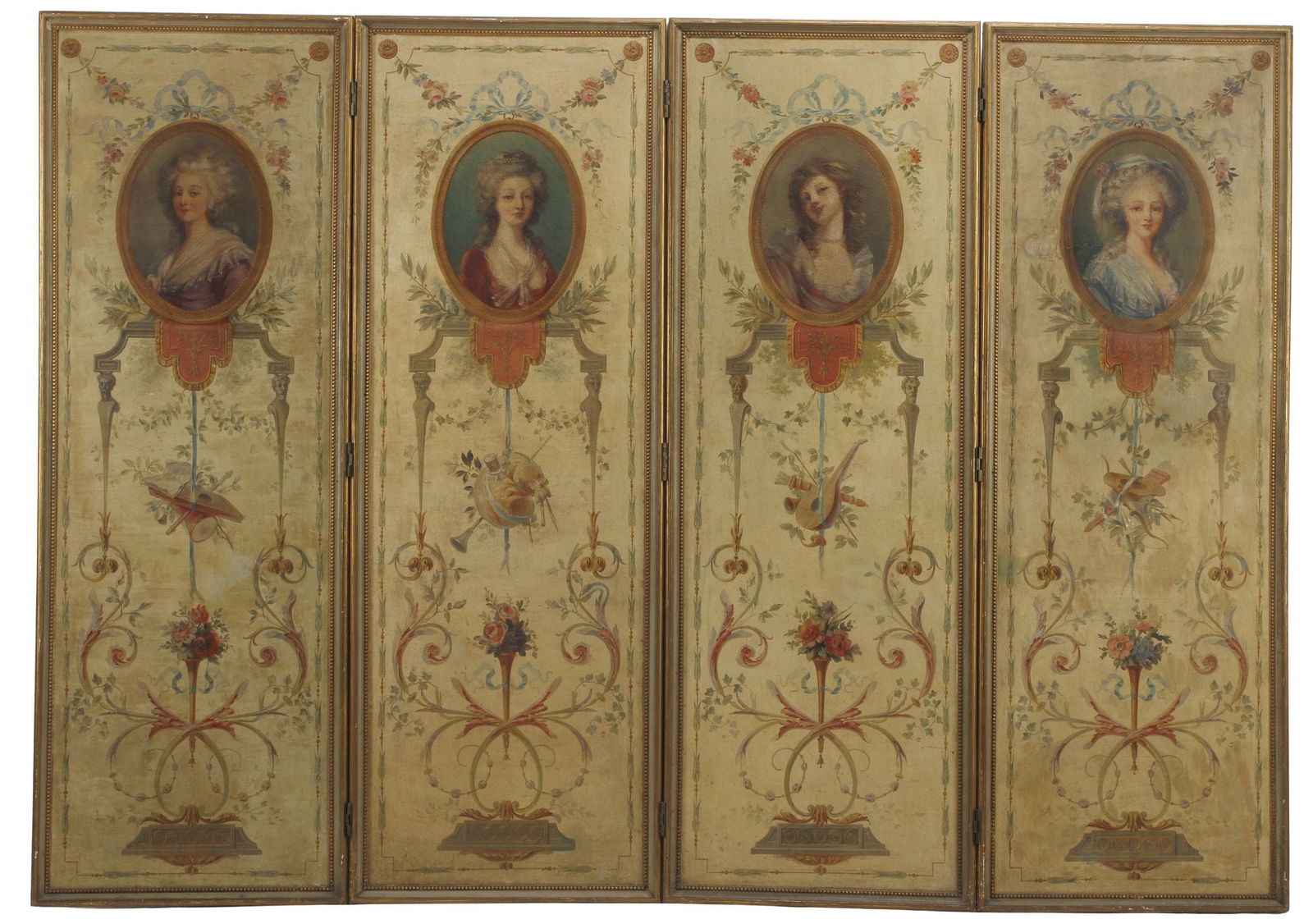 LOUIS XVI STYLE PARCEL GILT PORTRAIT PAINTED 4-PANEL FOLDING SCREEN (1 of 6)