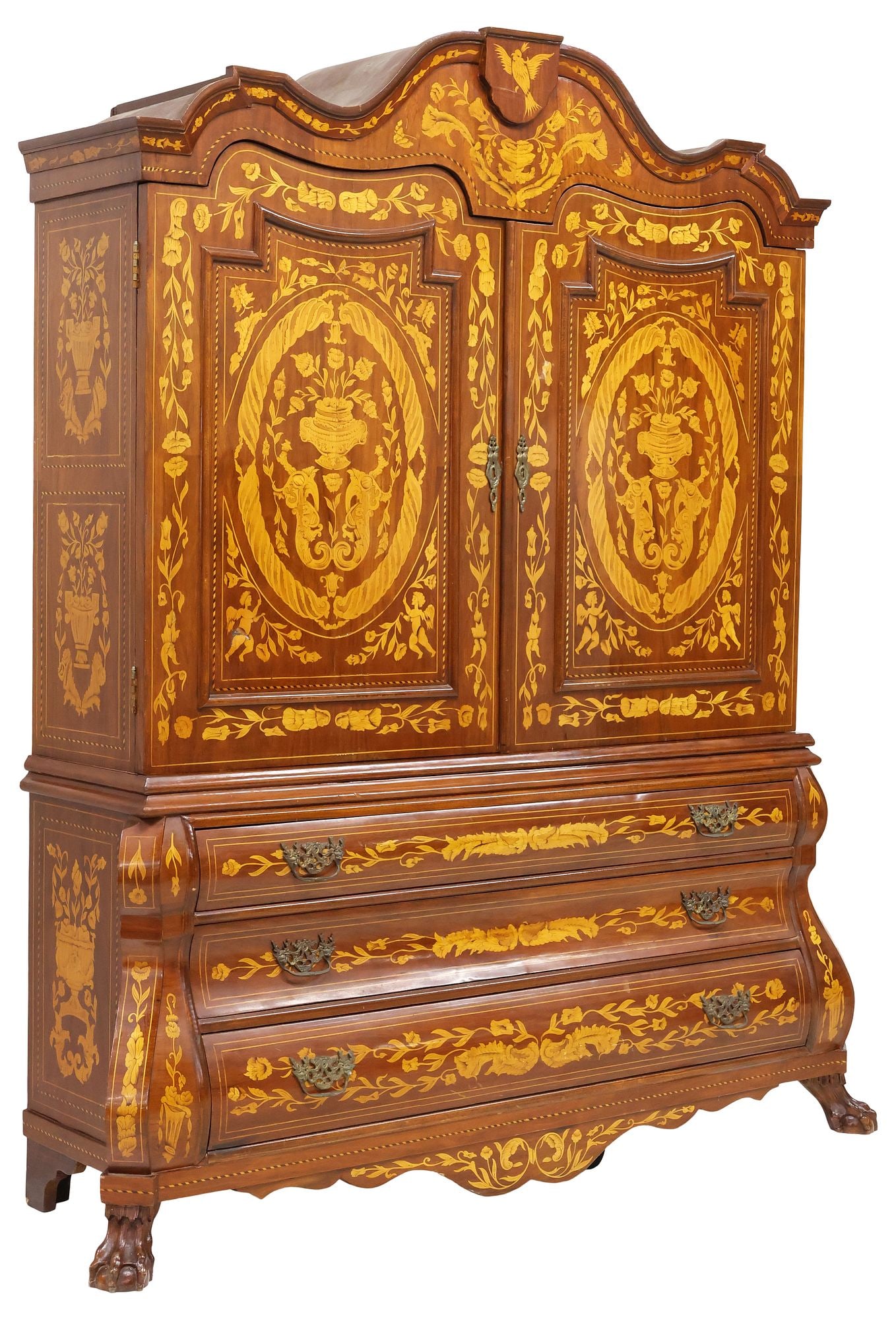 FINE DUTCH BAROQUE STYLE WALNUT & FLORAL MARQUETRY LINEN PRESS: Dutch Baroque style inlaid walnut linen press, early 20th c., having triple-arch molded cornice with central bird motif, heavily inlaid throughout with scrolling foliate and floral urn marquetry,