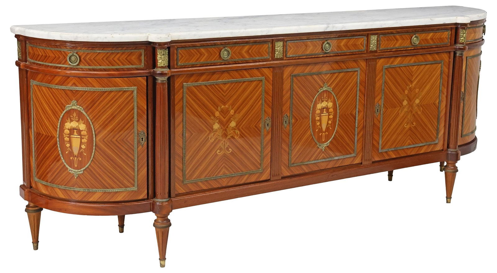 FRENCH LOUIS XVI STYLE MARBLE-TOP MARQUETRY SIDEBOARD, 105"L (1 of 7)