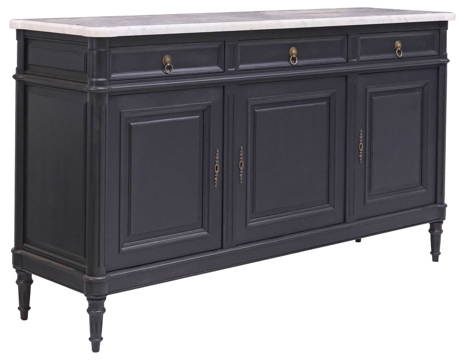FRENCH LOUIS XVI STYLE MARBLE-TOP BLACK-PAINTED COMMODE: French Louis XVI style black-painted sideboard, 20th c., having shaped marble top, over three frieze drawers, and three cabinet doors, each revealing adjustable shelving, rising on fluted tapering