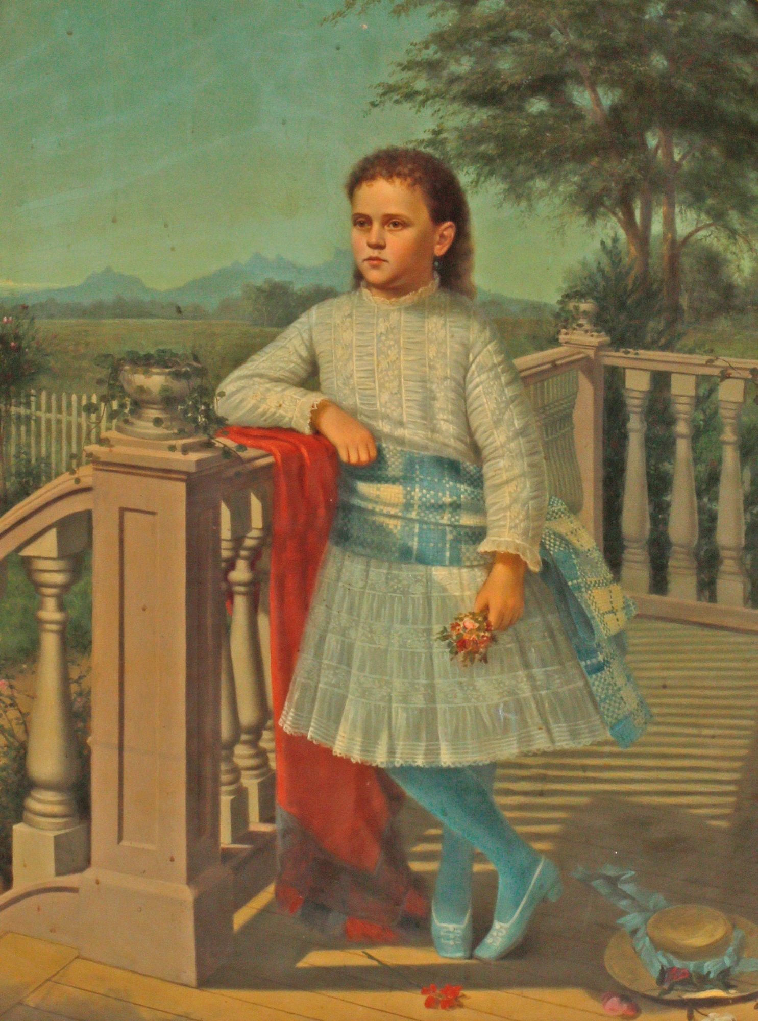 CONTINENTAL SCHOOL PAINTING, PORTRAIT OF A YOUNG GIRL ON BALCONY: Framed Continental School oil on canvas painting, Portrait of a Young Girl on a Balcony, apparently unsigned, small patched repair to canvas in lower quadrant, sight: approx 31.25"h, 23.25"w,