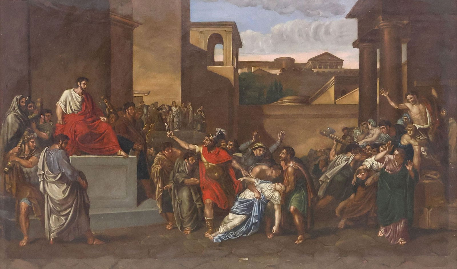 AFTER GUILLAUME GUILLON-LETHIERE (D.1832) PAINTING, 'THE DEATH OF VIRGINIA': Framed oil on canvas painting, "The Death of Virginia," after Guillaume Guillon-Lethiere (French, 1760-1832), apparently unsigned, sight: approx 17.5"h, 29.5"w, overall: approx 23.5"h, 35.5"w, 9lbs 