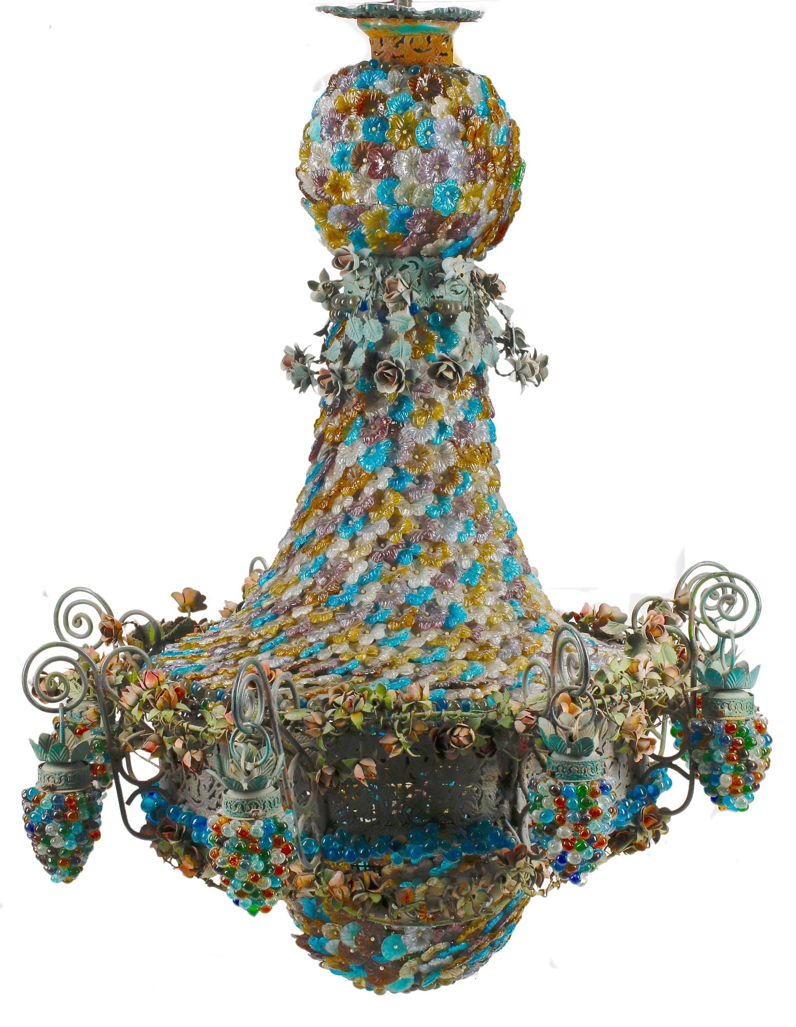 LARGE WROUGHT IRON & COLORED CRYSTAL GRAPE CLUSTER 8-LT CHANDELIER, 50"H (1 of 7)