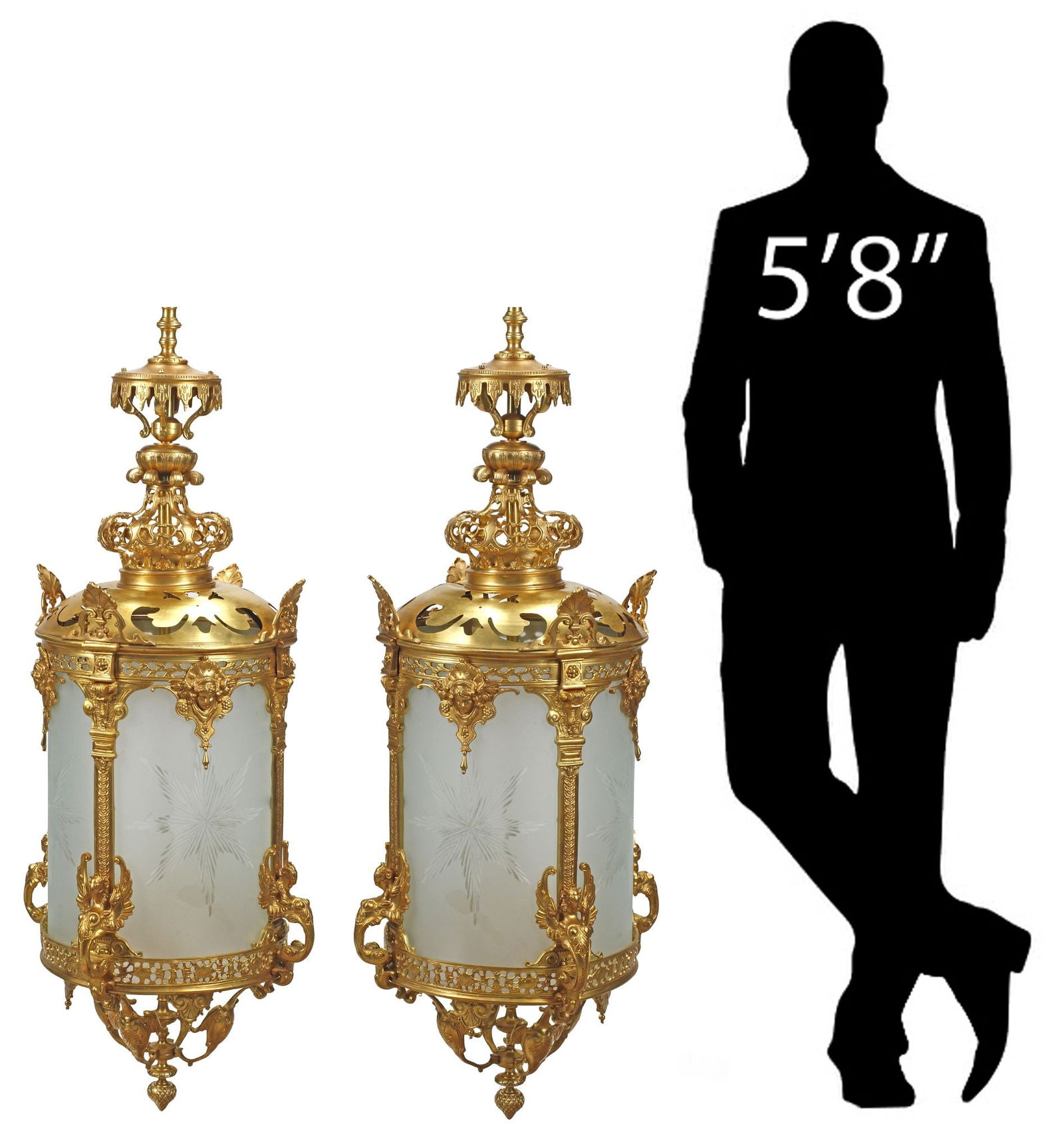 (2) LARGE LOUIS XVI STYLE ORMOLU & FROSTED GLASS 4-LIGHT LANTERNS: (pair) Large Louis XVI style bronze dore lanterns, circular frame encircled by figural masks and rams heads on a winged body, encasing frosted and etched glass panes, concealing four lights, in need