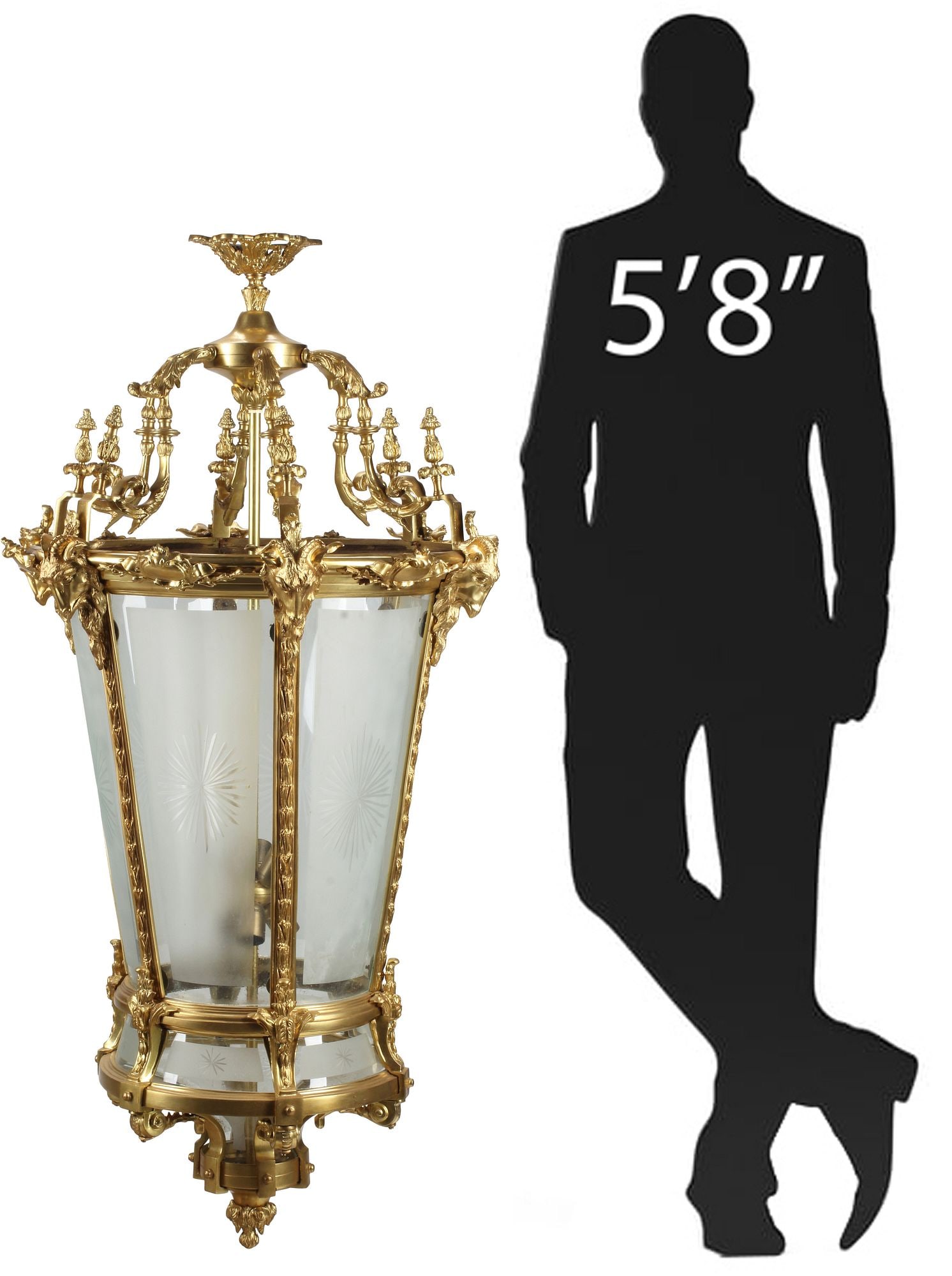 MONUMENTAL LOUIS XV STYLE ORMOLU & ETCHED GLASS 4-LT LANTERN, 55"H: Monumental Louis XV style bronze dore four-light hanging lantern, having tapered hexagonal frame with acanthus leaf trim, ram's head terminals, fitted with frosted and etched glass shades, terminating