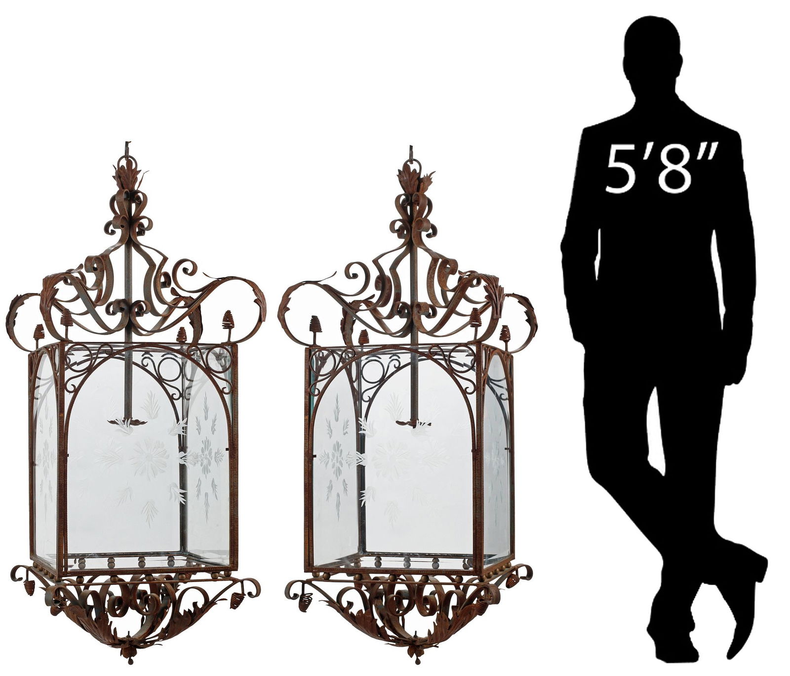 (2) LARGE SPANISH STYLE WROUGHT IRON & ETCHED GLASS LANTERNS, 54"H: (pair) Large Spanish style wrought iron lanterns, each having openwork scrolled frame, with etched glass shades, in need of wiring, approx 54"h, 24"w, 24"d