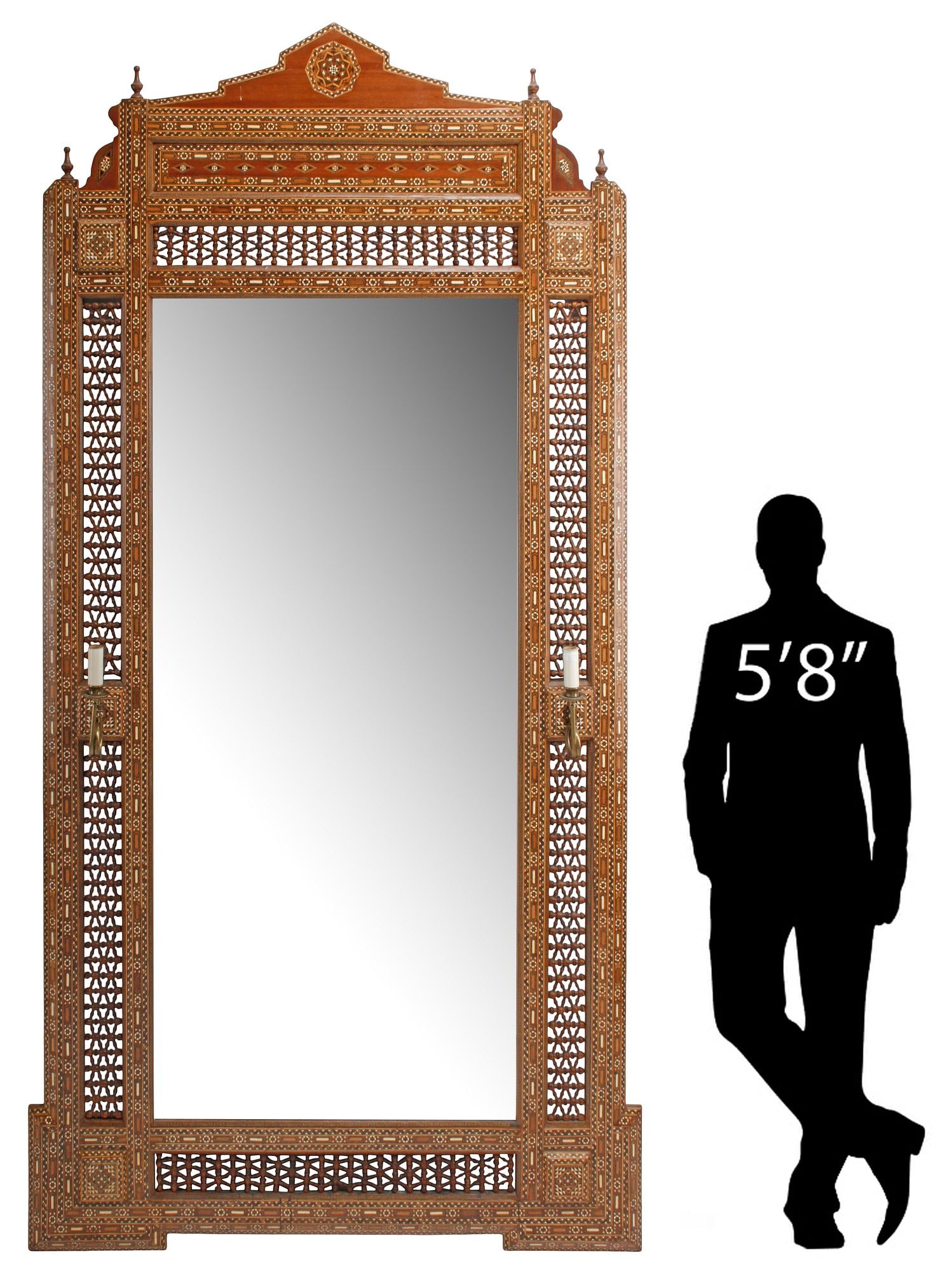 MONUMENTAL MOORISH STYLE INLAID MIRROR WITH 2-LT SCONCES, 100"H: Monumental Moorish style mosaic-inlaid mirror, having pierced and spindled frame, issuing two candle sconces, encasing flat mirror plate, approx 100"h, 52.5"w, 6"d, 85lbs