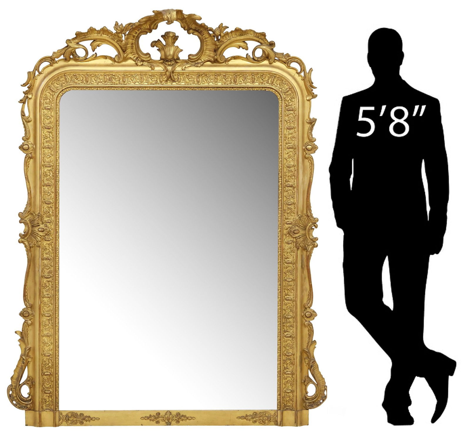 FRENCH LOUIS XV OPENWORK GILTWOOD MIRROR, 72.5" X 56.5": French Louis XV style giltwood mirror, 19th c., having openwork fanned scrolling crest, over ornate molded frame, encasing flat mirror plate, with scattered areas of silver loss and hazing, crest inta