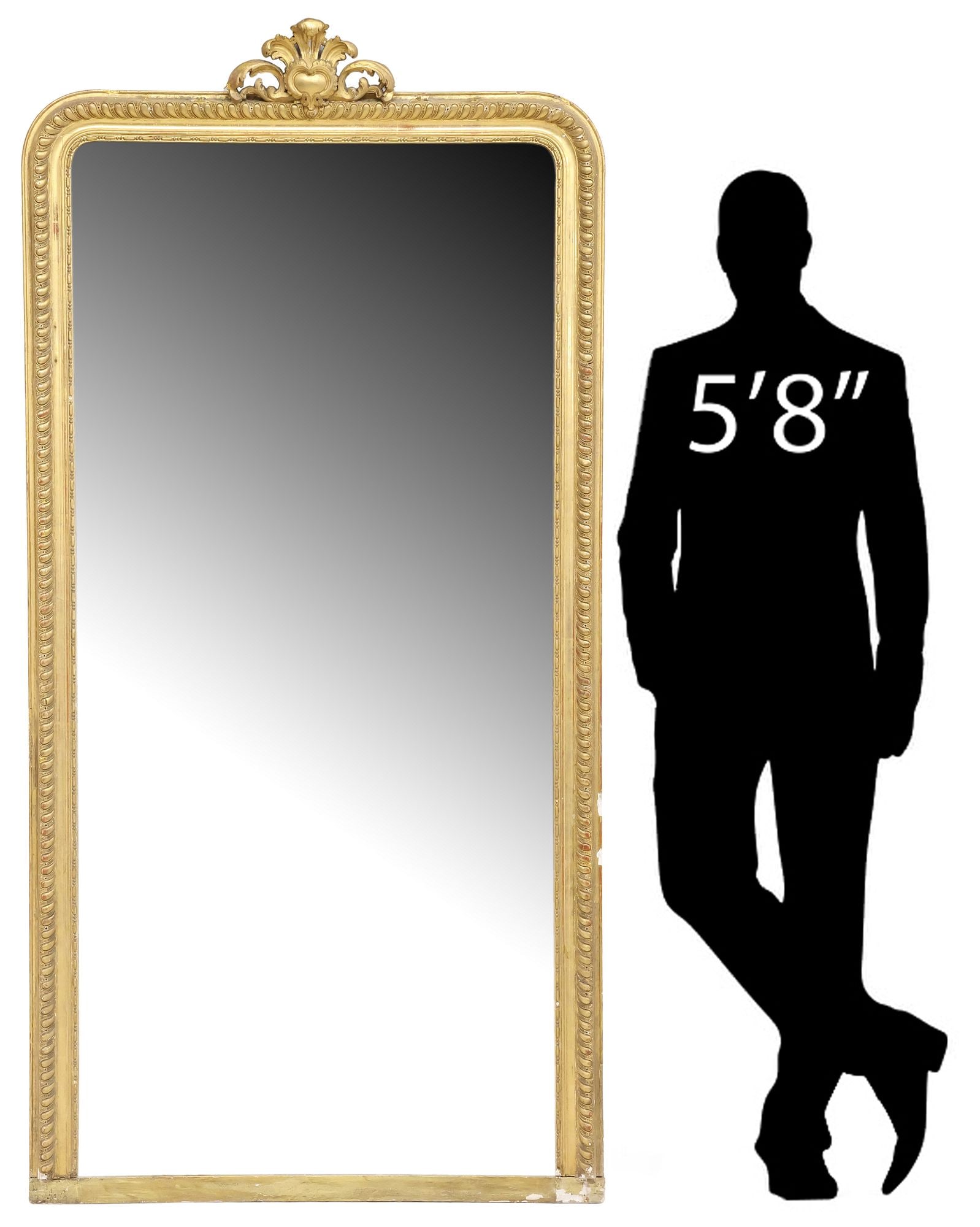 MONUMENTAL FRENCH LOUIS PHILIPPE PERIOD GILTWOOD MIRROR, 88" X 43.5": Large French Louis Philippe giltwood mirror, mid 19th c., having pierced foliated cartouche crest, arched frame with gadrooned and beaded trim, encasing flat mirror plate, approx 88"h, 43.5"