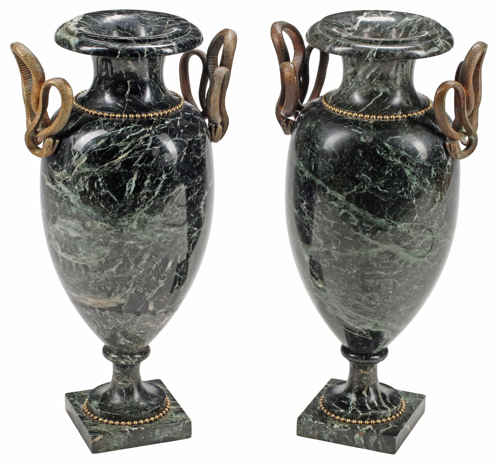 (2) FRENCH STYLE BRONZE-MOUNTED GREEN MARBLE CASSOLETTES (1 of 5)