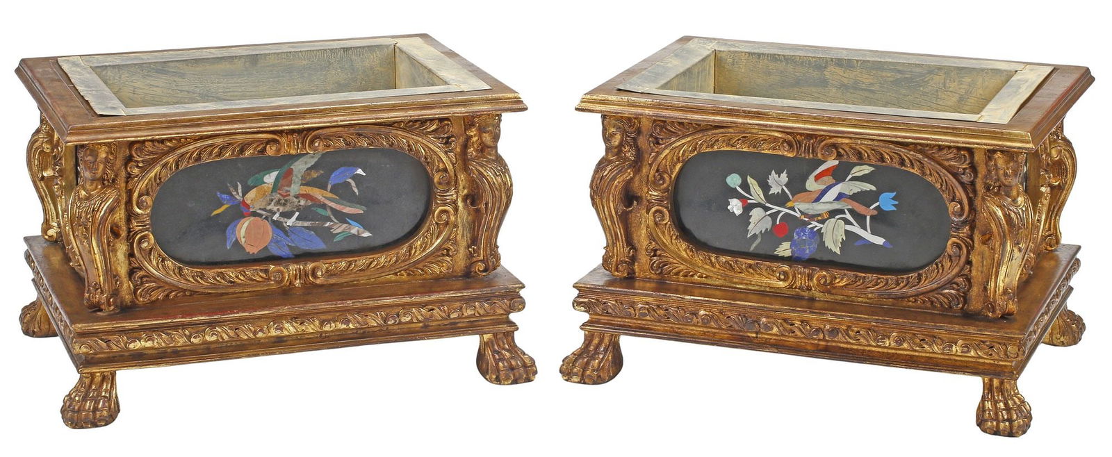 (2) NEOCLASSICAL STYLE GILTWOOD & PIETRA DURA PLANTERS / JARDINIERES (1 of 5)