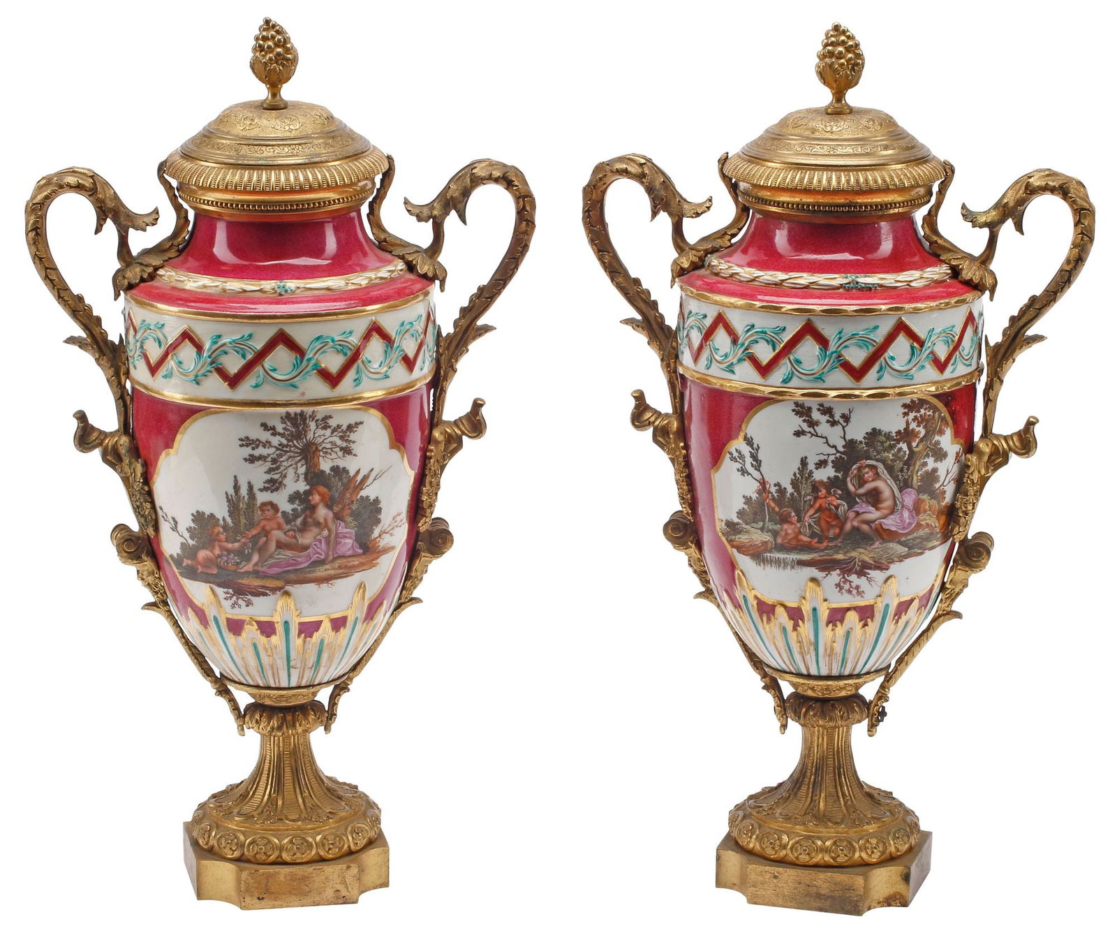 (2) FRENCH SEVRES STYLE ORMOLU-MOUNTED PORCELAIN COVERED VASES (1 of 6)