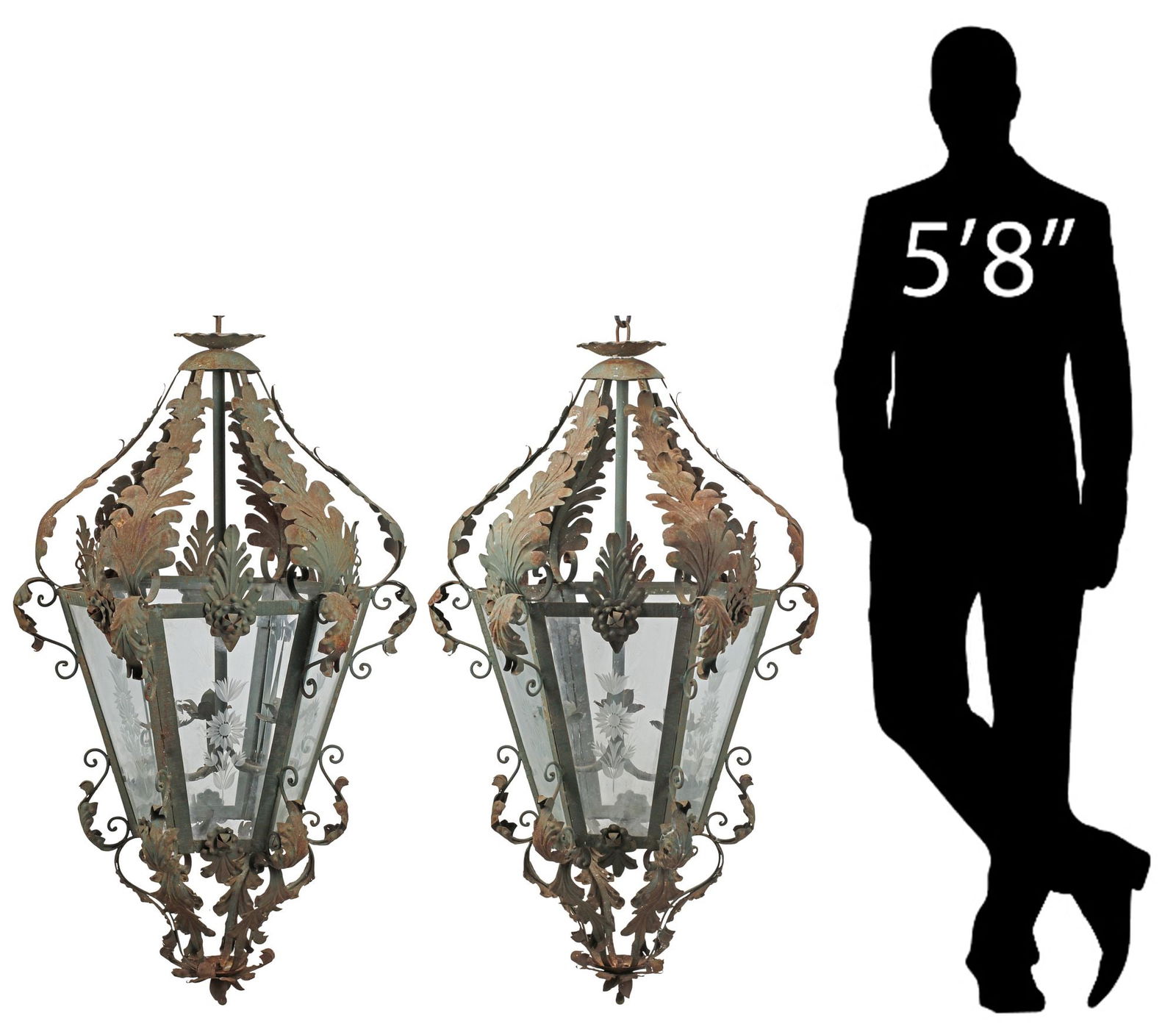(2) MONUMENTAL TOLE & WROUGHT IRON HEXAGONAL HANGING LANTERNS, 46"H: (pair) Large Spanish style wrought iron and tole hanging lanterns, tapered hexagonal case with applied foliates, fitted with etched glass panes, in need of wiring, approx 46"h, 27"diam