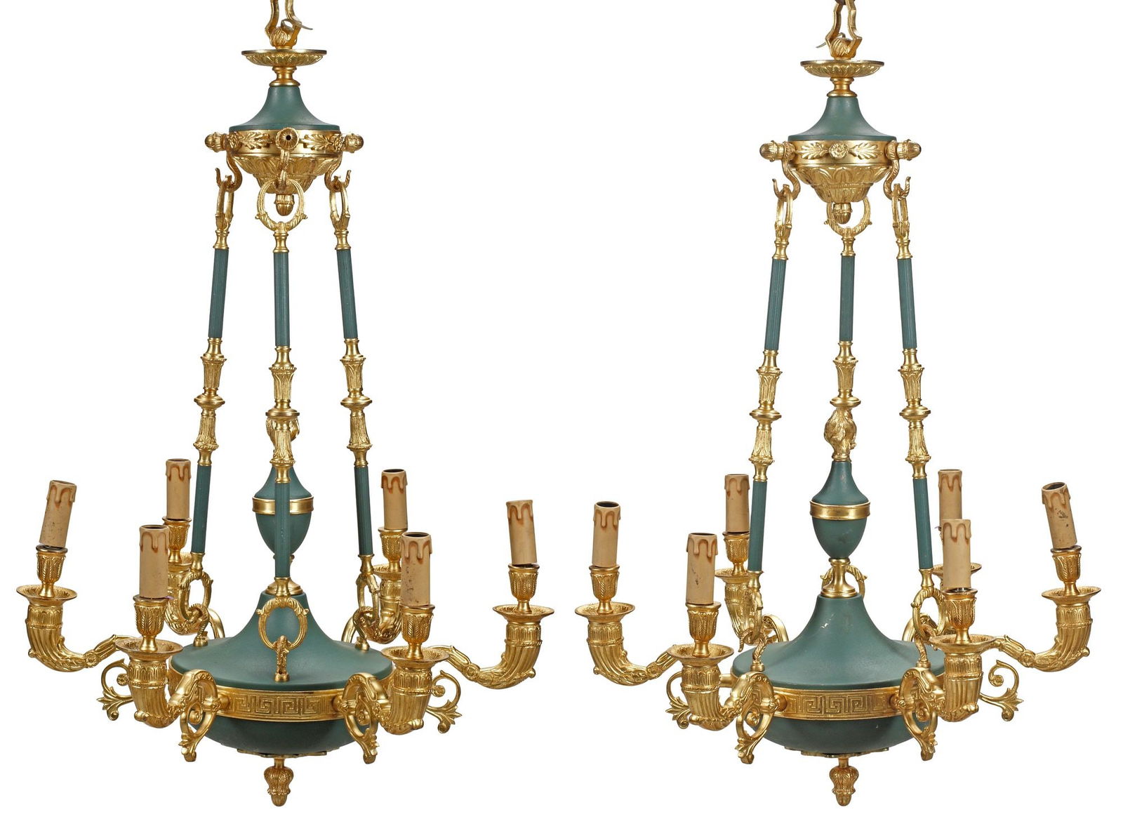 (2) EMPIRE STYLE ORMOLU & PAINTED TOLE 6-LIGHT CHANDELIERS (1 of 5)