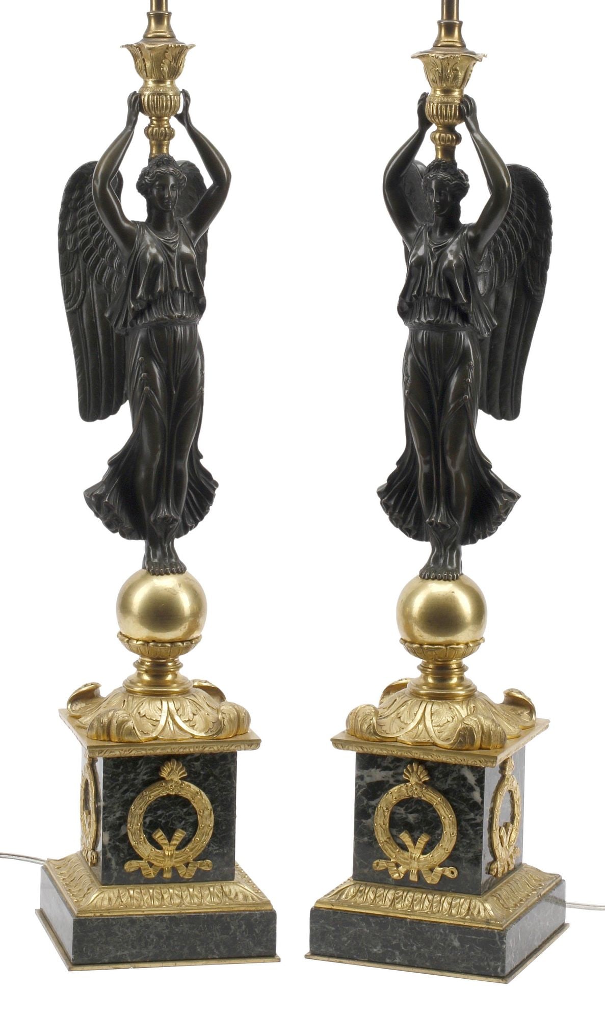 (2) EMPIRE BRONZE & MARBLE FIGURAL CANDELABRA 3-LT TABLE LAMPS, 35"H (1 of 7)