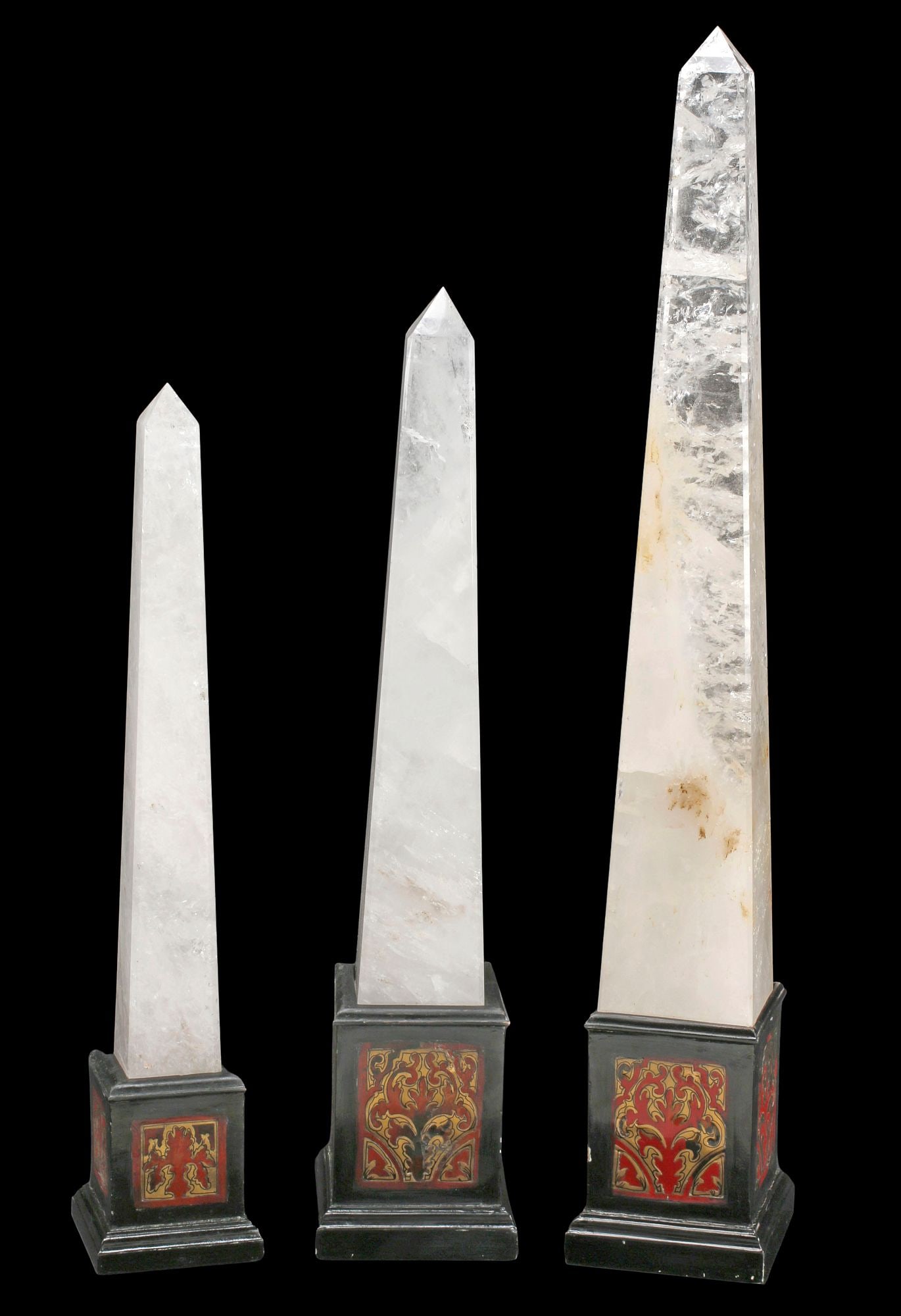 (3) GRADUATED ROCK CRYSTAL OBELISKS ON BOULLE STYLE INLAID BASES (1 of 5)