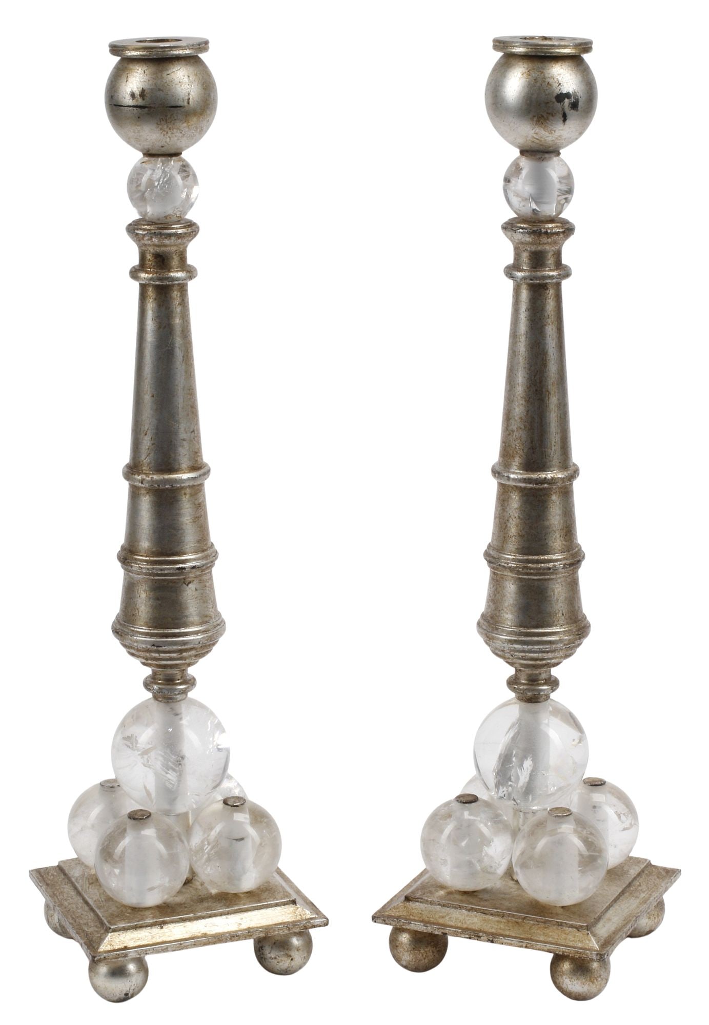 (2) MODERN SILVERED BRONZE & ROCK CRYSTAL 1-LT CANDLESTICKS (1 of 5)