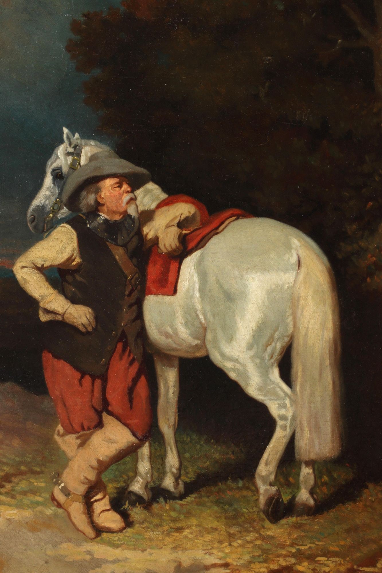 SCHOOL OF ALFRED DE DREUX PAINTING CAPITAINE DE MOUSQUETAIRES: Framed oil on canvas painting, Captain of musketeers with his grey horse, school of Alfred De Dreux (French, 1810-1860), relined and on modern stretcher, sight: approx 28.25"h, 22 7/8"w, overall: 35"h