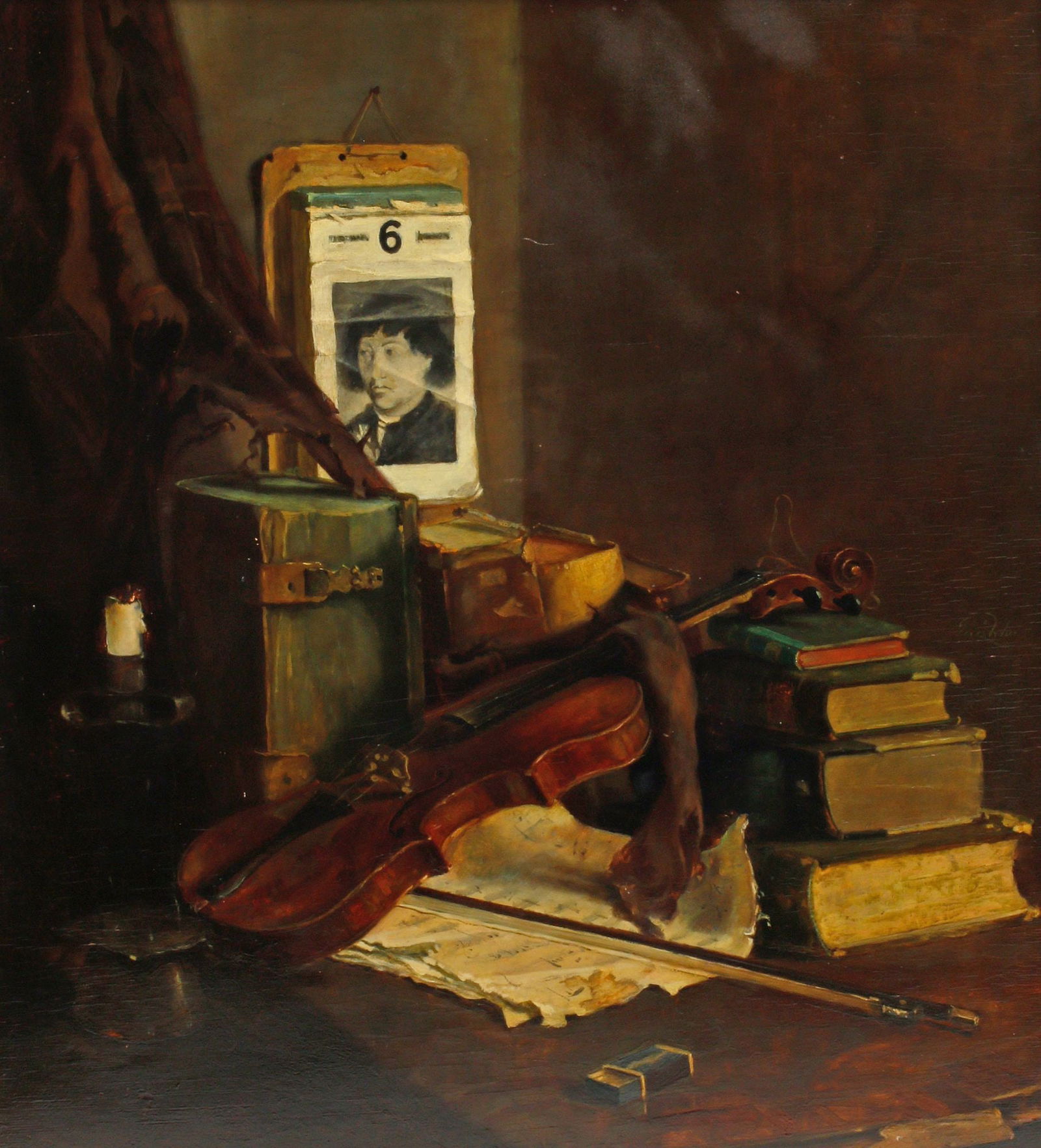 CONTINENTAL SCHOOL OIL PAINTING, STILL LIFE WITH VIOLIN & BOOKS (1 of 7)
