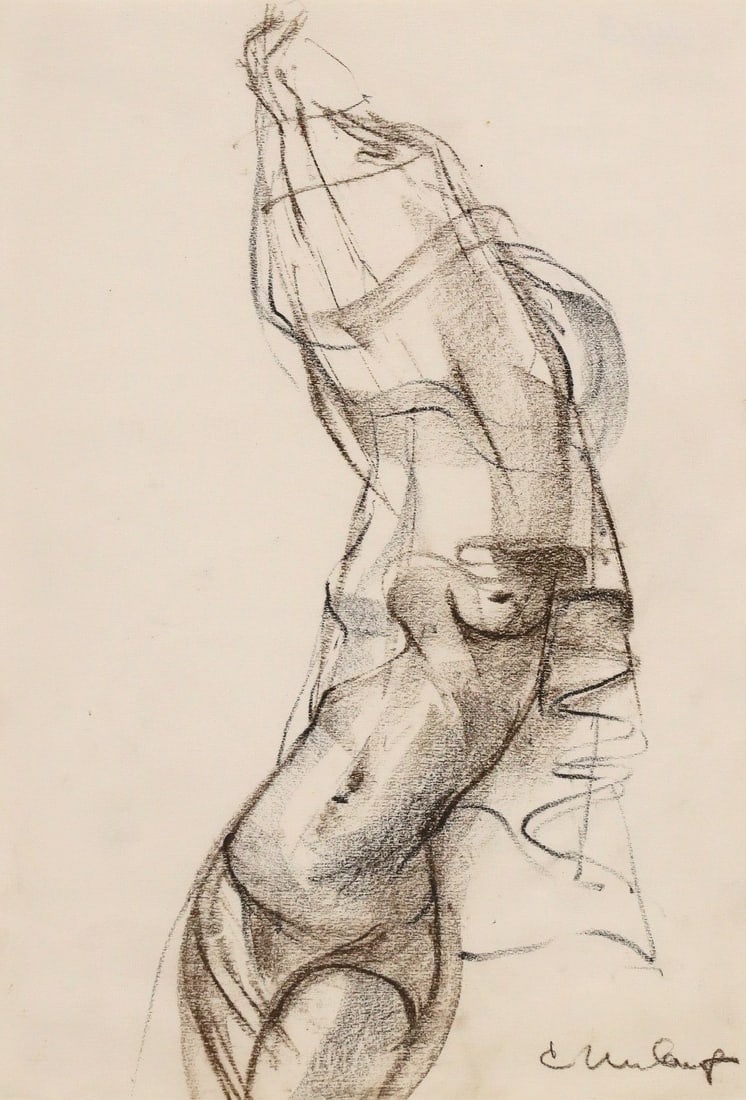 CHARLES UMLAUF (D.1994) CONTE CRAYON DRAWING, STUDY FOR DISROBING: Brown conte crayon drawing on paper, Study for Disrobing, signed lower right C. Umlauf (Charles Umlauf, American, active in Austin, Texas, 1911-1994), sheet: approx 19"h, 13"w, overall: approx 28.5"h,