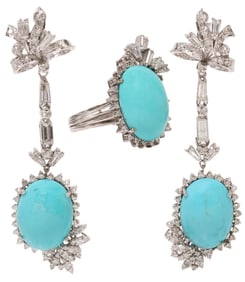 (2) ESTATE PLATINUM, DIAMOND & TURQUOISE JEWELRY SUITE, EARRINGS & RING