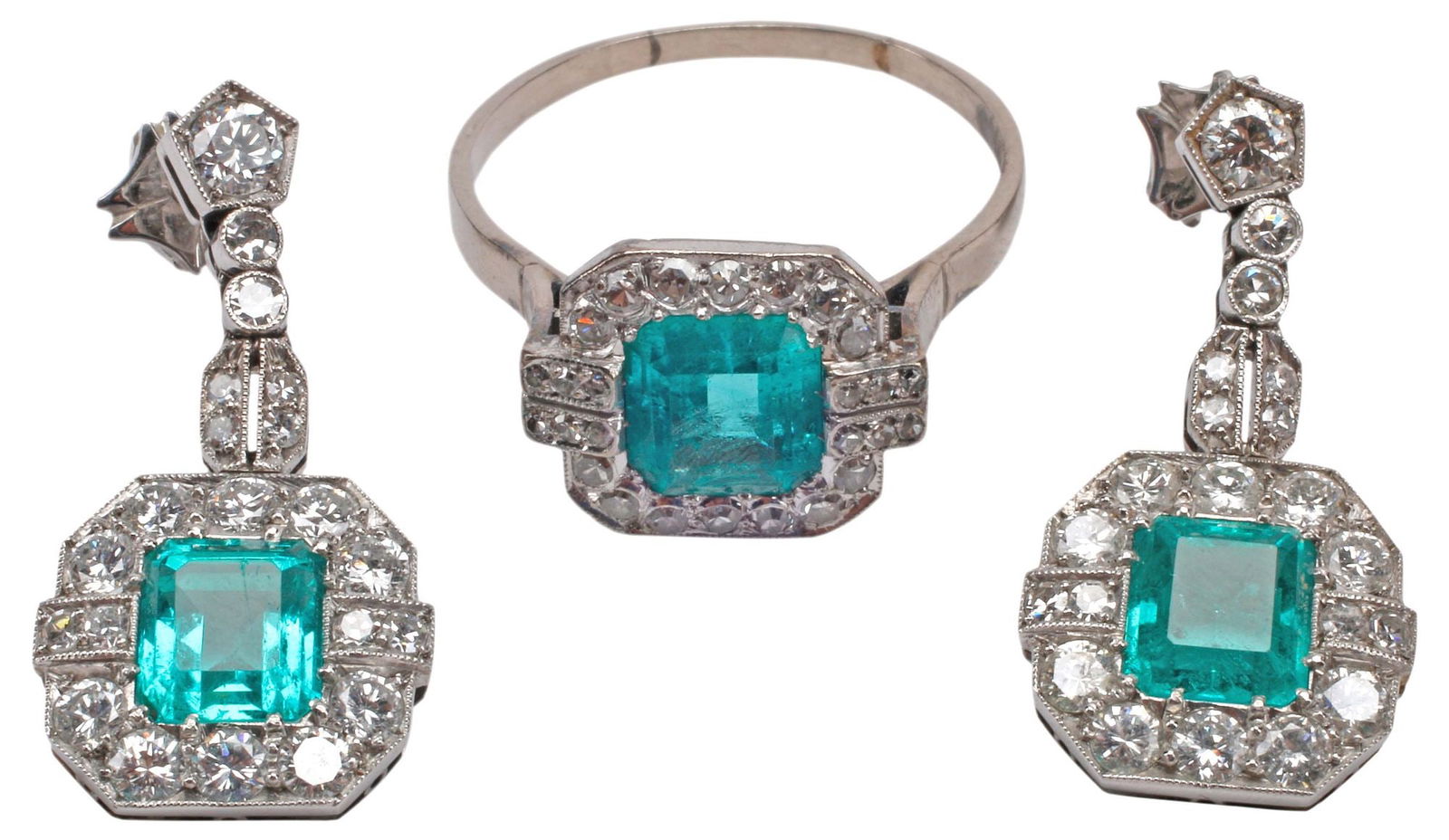 (2) ESTATE WHITE GOLD & PLATINUM EMERALD & DIAMOND JEWELRY SUITE: (lot of 3) Vintage estate platinum,14kt white gold and emerald demi-parure, comprising: (pair) platinum (tested) pendant earrings, each featuring a single emerald-cut emerald, (1) approx 7.2mm (length