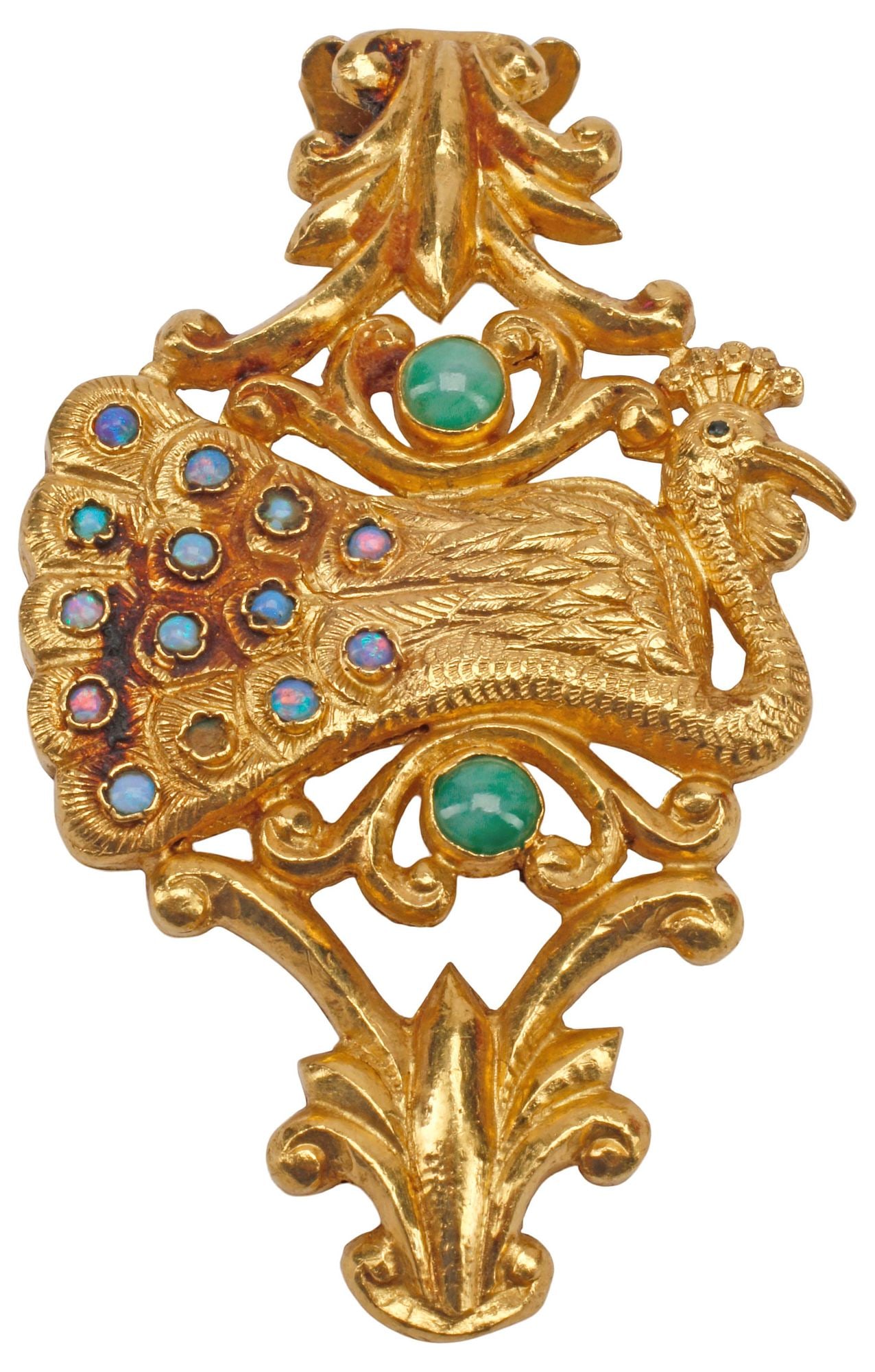 ESTATE CHINESE 24KT GOLD, OPAL & JADE PEACOCK PENDANT, 25 GRAMS (1 of 5)