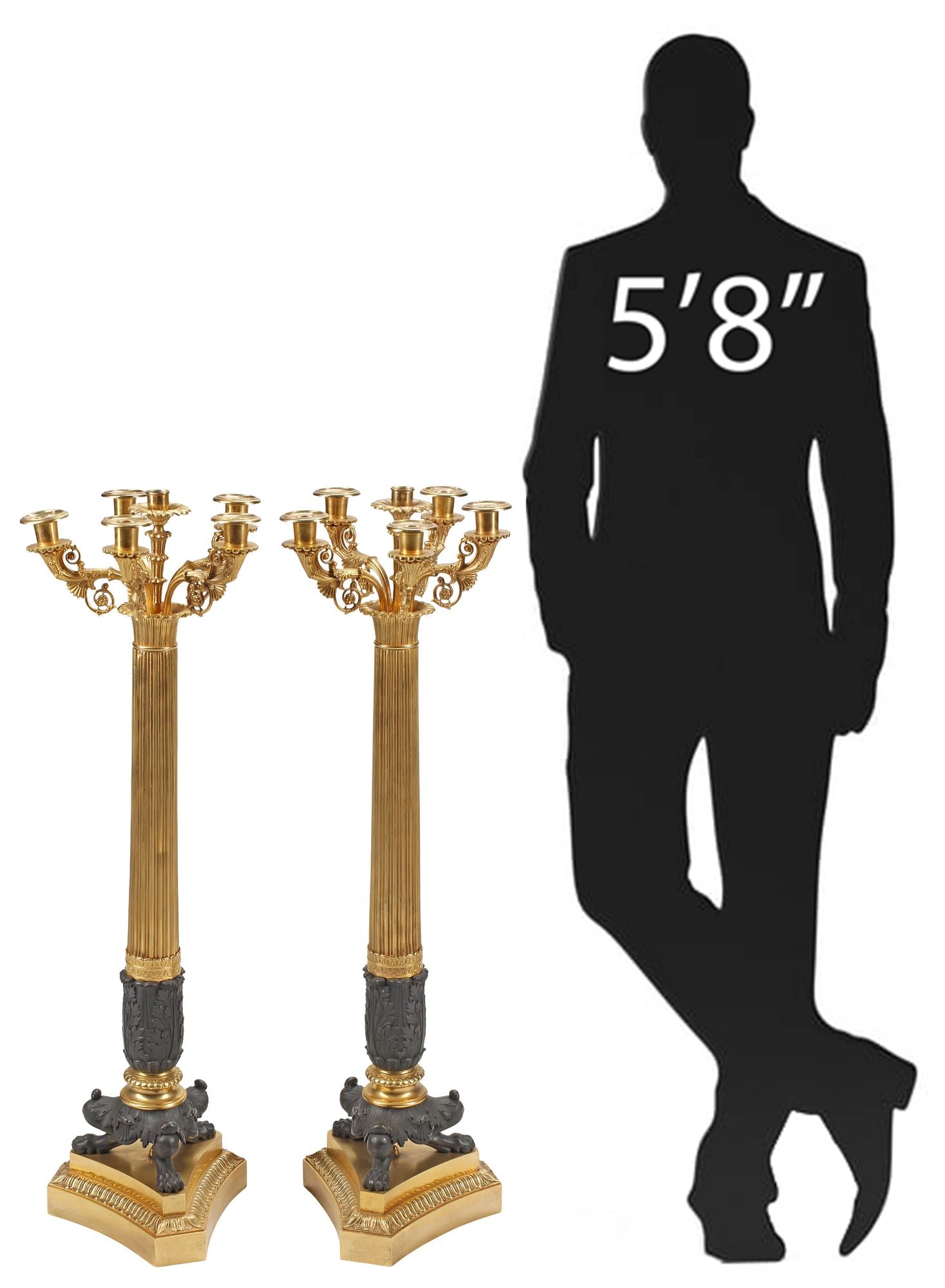 (2) PIERRE THOMIRE (FRENCH, D.1843) 7-LIGHT BRONZE CANDELABRA, 37"H: (pair) French Charles X gilt and patinated bronze seven-light floor candelabra, Pierre-Philippe Thomire (France, 1751-1843), early 19th c., each having scrolling foliate arms, fluted standard with aca