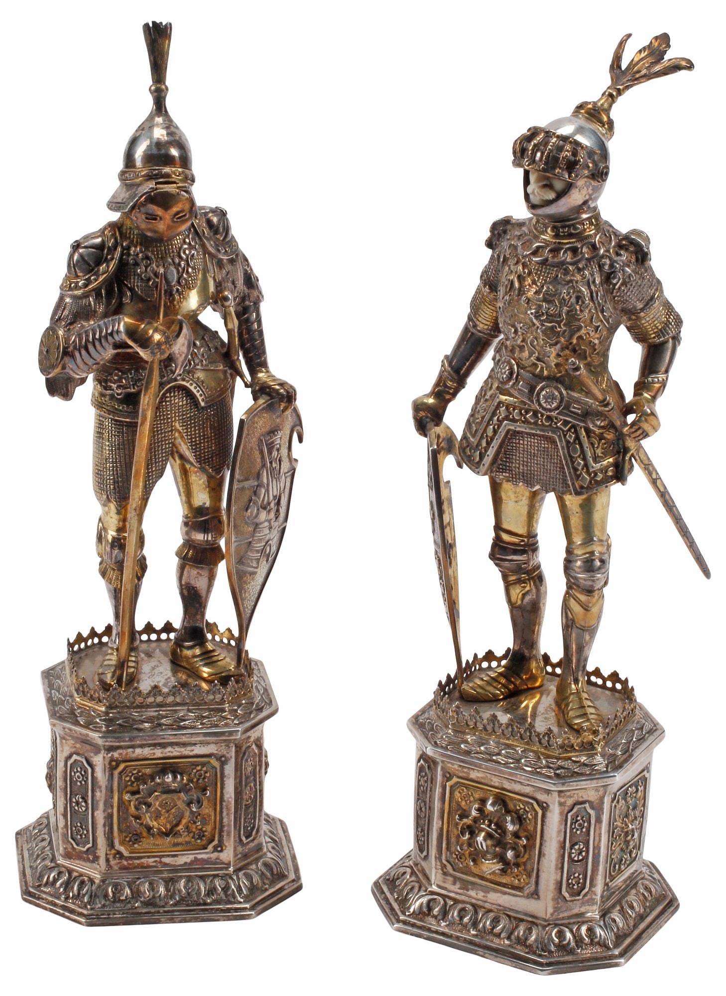 (3) GERMAN GILT STERLING SILVER & CARVED FIGURES OF KNIGHTS, 12"H (1 of 9)
