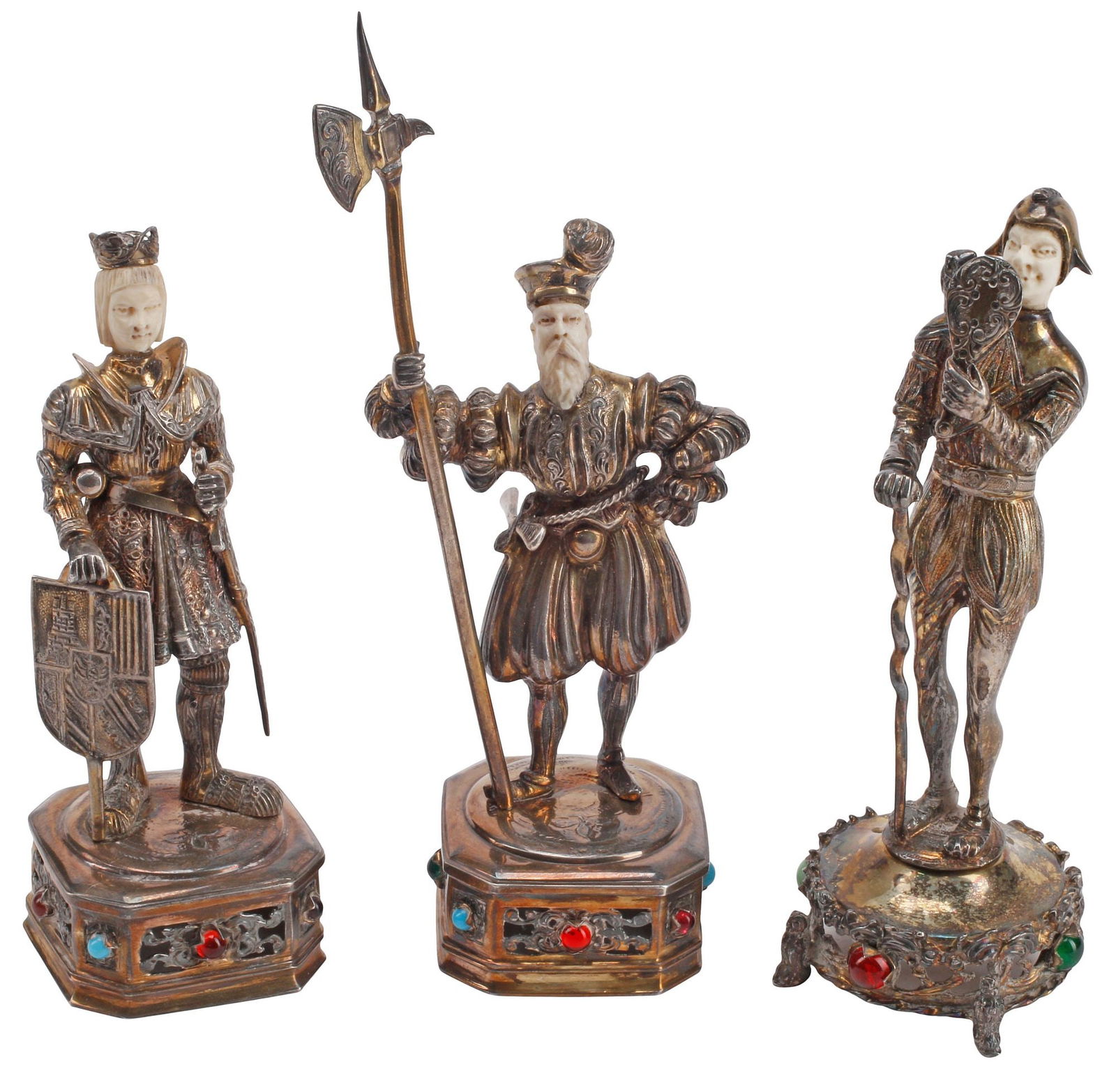 (3) GERMAN GILT STERLING SILVER & CARVED FIGURES OF KNIGHTS (1 of 8)