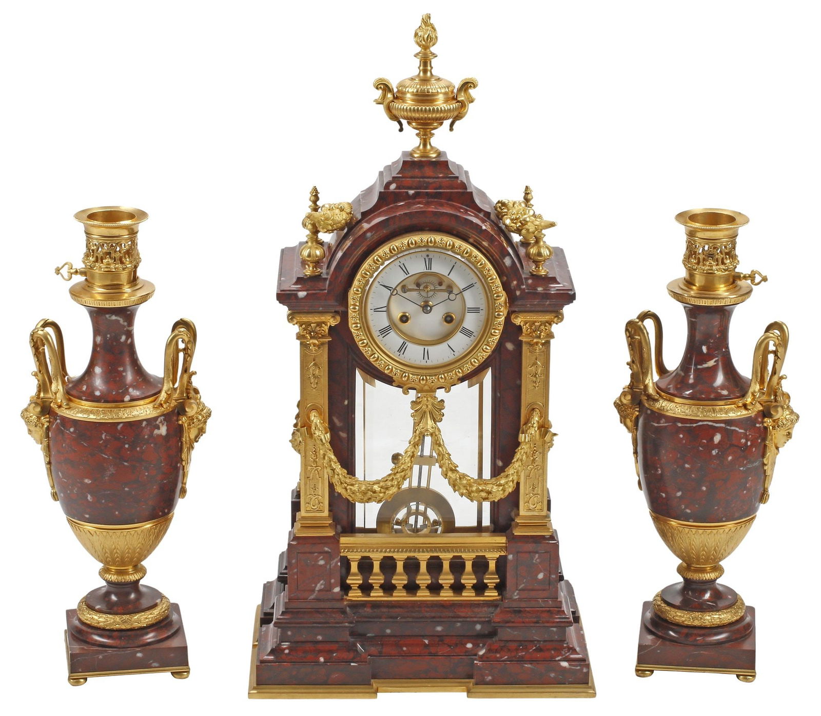 (3) LOUIS XVI STYLE ORMOLU-MOUNTED ROUGE MARBLE CLOCK GARNITURE SET (1 of 7)