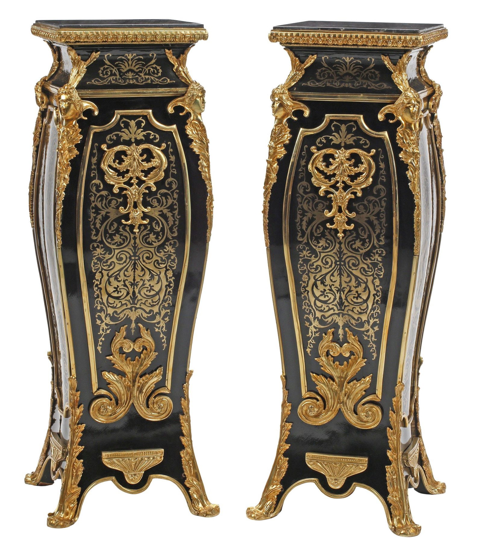 (2) LOUIS XIV STYLE MARBLE-TOP ORMOLU-MOUNTED & BRASS INLAID PEDESTALS (1 of 6)