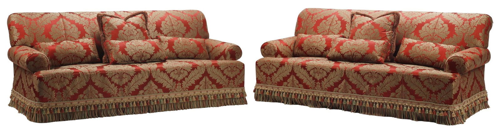 LARGE DAMASK UPHOLSTERED SOFAS WITH THROW PILLOWS (1 of 9)