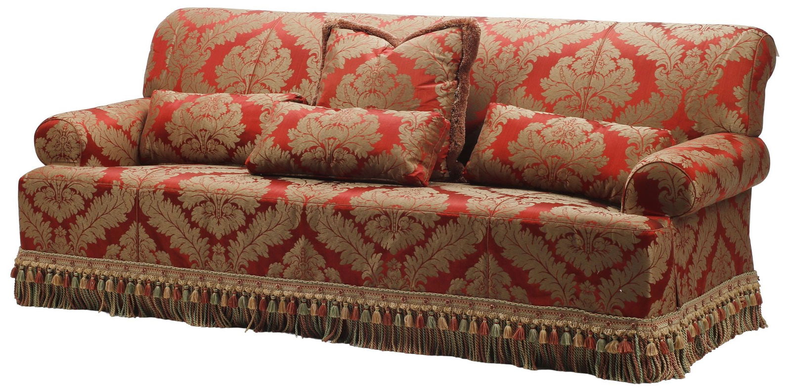 LARGE DAMASK UPHOLSTERED SOFAS WITH THROW PILLOWS - 2