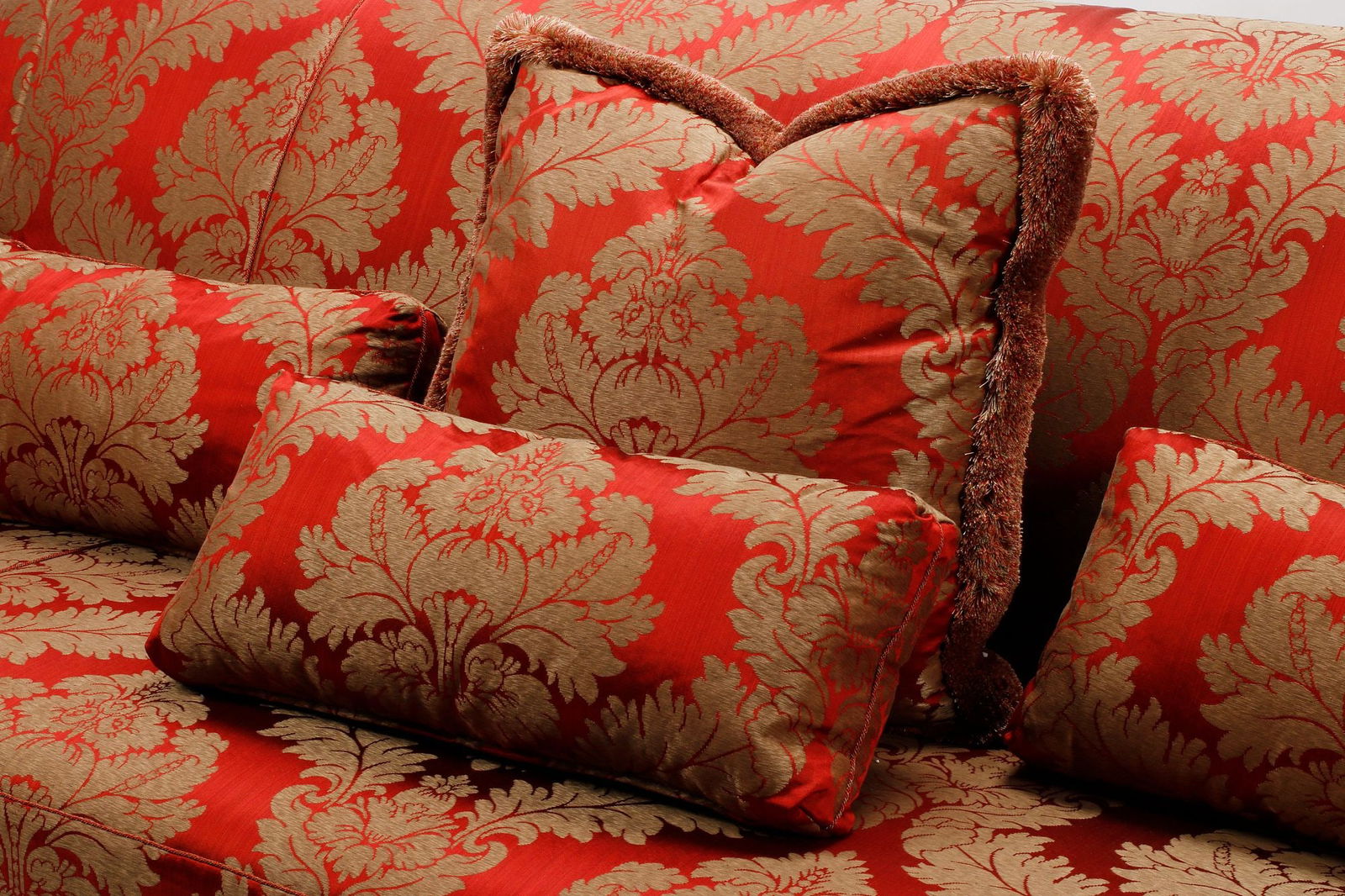 LARGE DAMASK UPHOLSTERED SOFAS WITH THROW PILLOWS - 4