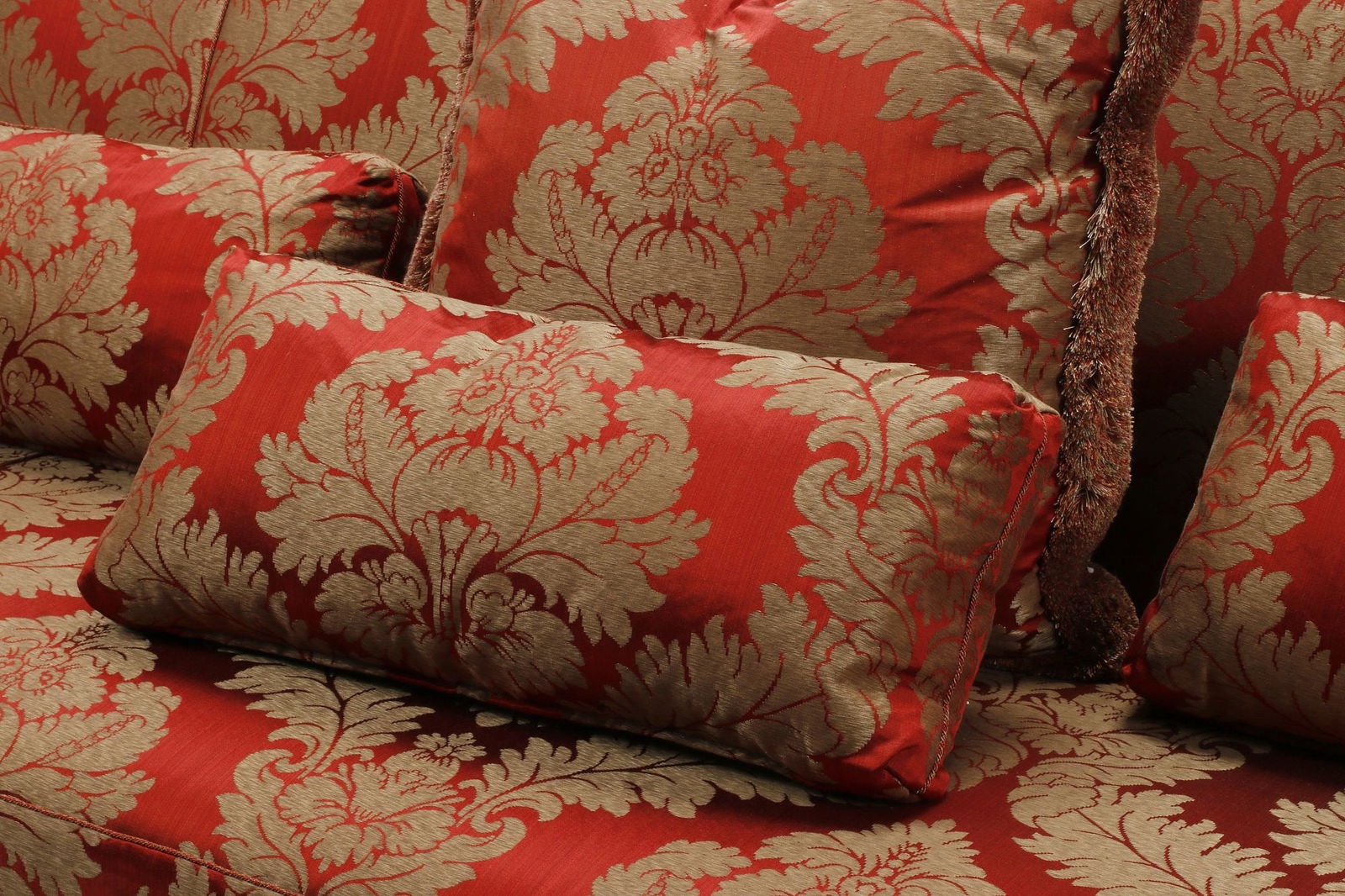 LARGE DAMASK UPHOLSTERED SOFAS WITH THROW PILLOWS - 7