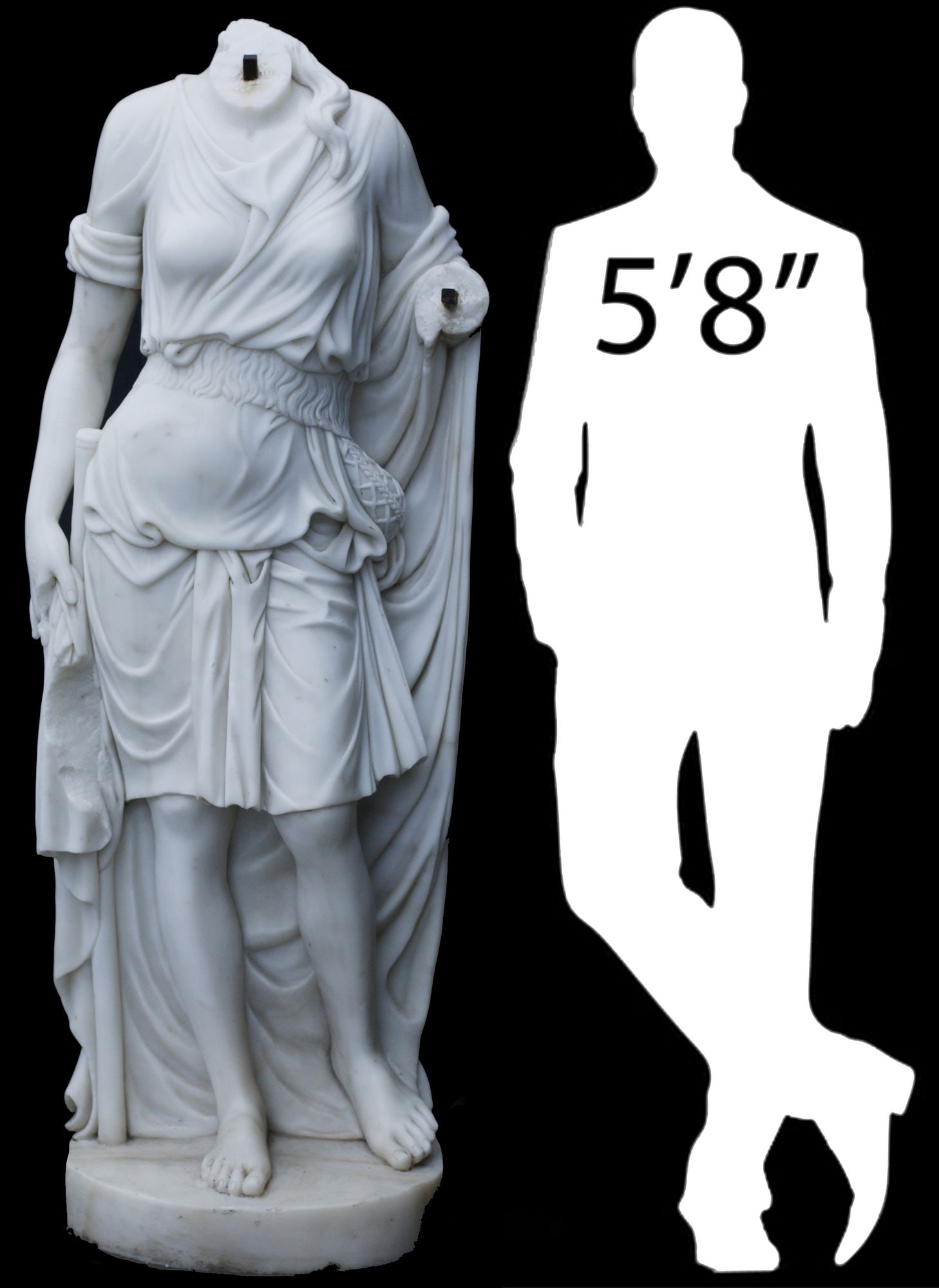 LIFE SIZE CLASSICAL STYLE MARBLE SCULPTURE, FEMALE GODDESS, 67"H: Life-sized carved marble sculpture, Draped Allegorical Female Figure, after the antique, loss to proper right hand, approx 67"h, 24"w, 11"d