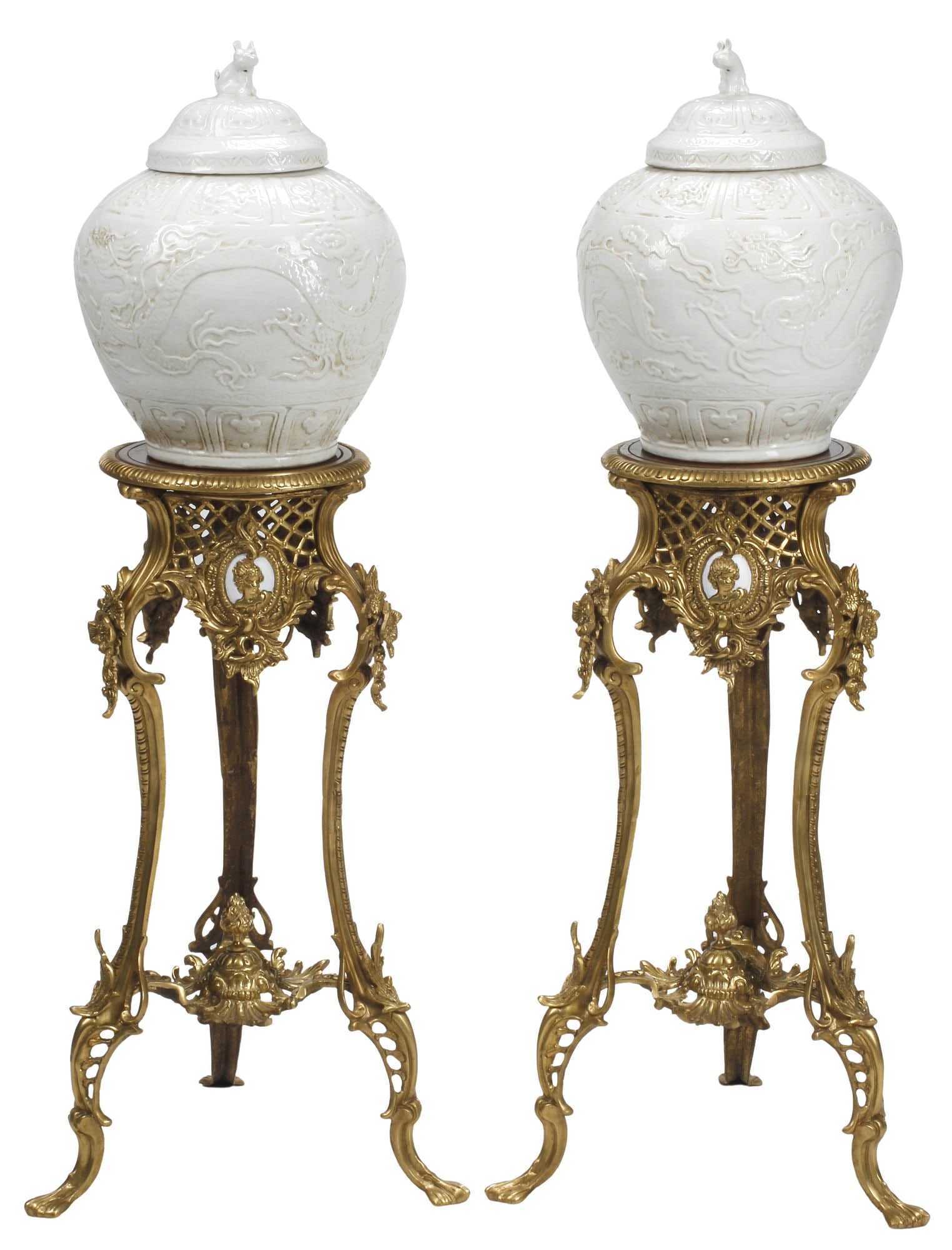 (2) CHINESE BLANC DE CHINE PORCELAIN URNS ON LOUIS XV STYLE ORMOLU STANDS (1 of 6)