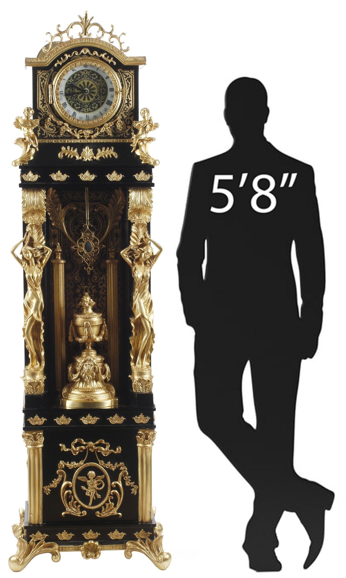 NAPOLEON III STYLE ORMOLU-MOUNTED & BRASS INLAID LONGCASE CLOCK, 74"H: Large Napoleon III style inlaid longcase clock, with bronze dore mounts and Boulle style brass marquetry, having pierced scrollwork crest, above printed dial with Roman numeral hour markers,