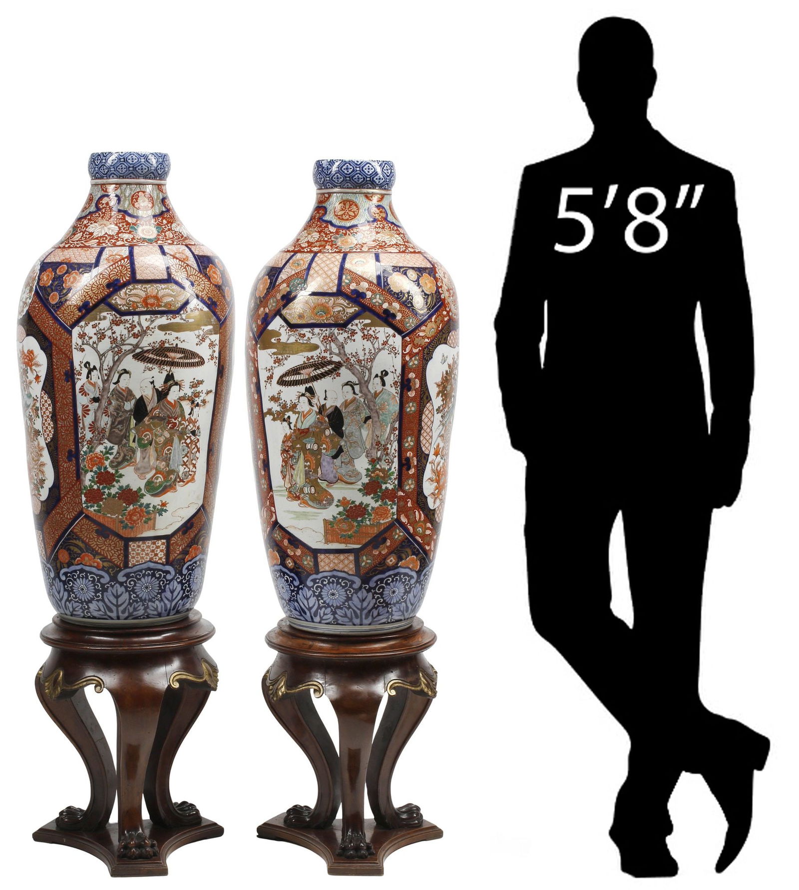 (2) MONUMENTAL JAPANESE MEIJI PERIOD IMARI PORCELAIN VASES ON STANDS, 59"H: (pair) Monumental Japanese Imari porcelain vases, Meiji period (1868-1911), on carved wood tripodal stand, each vase: approx 40"h, 17"diam, overall: approx 59"h, 17"diam